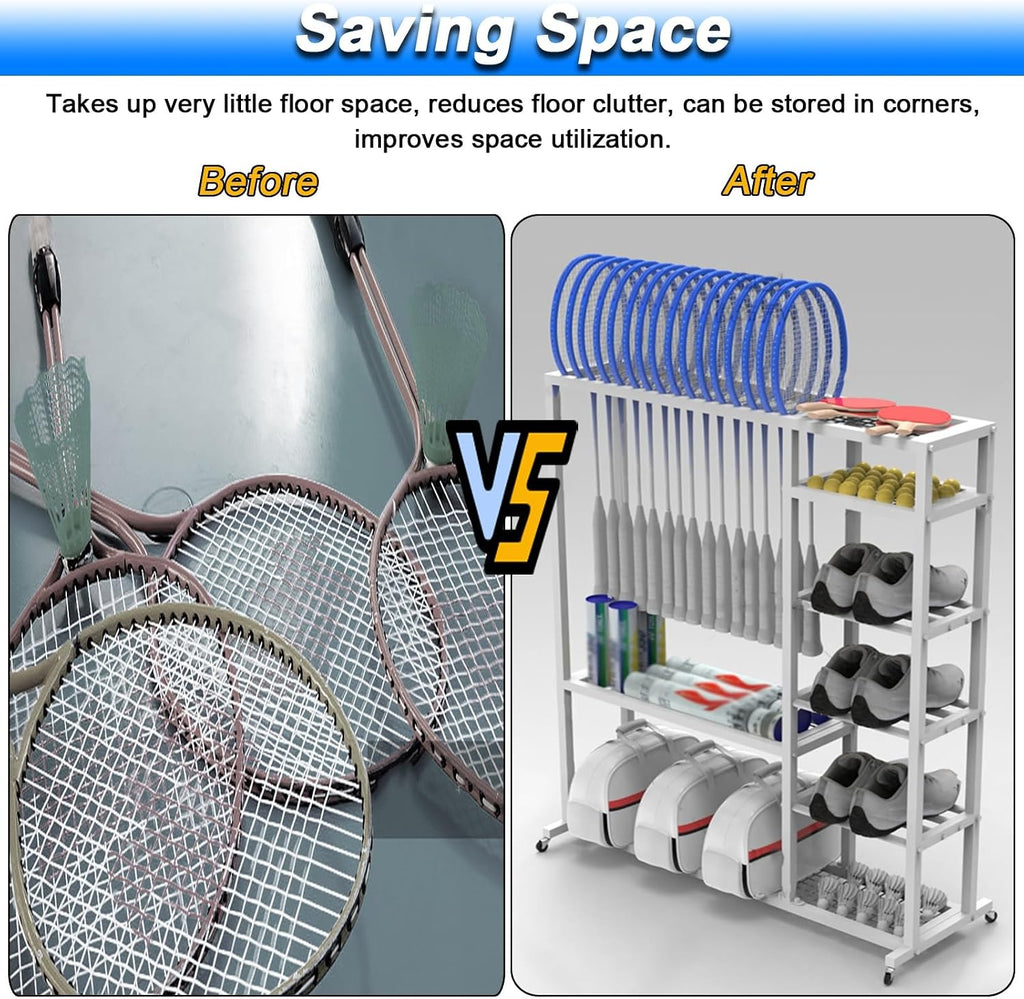 LZMZMQ Tennis Racquet Storage Rack White Metal, Portable Rolling Badminton Racket Display Cart, Comemrcial Table Tennis Racket Organizer Holder, Can Hold 16pcs Rackets