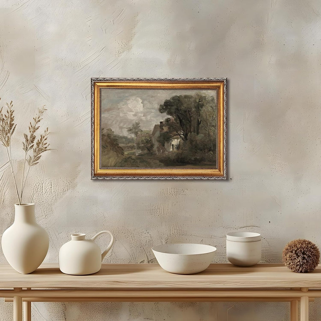 Large Framed Country Manor Canvas Wall Art Vintage Countryside Cottage Landscape Oil Painting Poster Rustic Estate European Country Artwork Print Classic Farmhouse Bedrom Decor 24x36inch