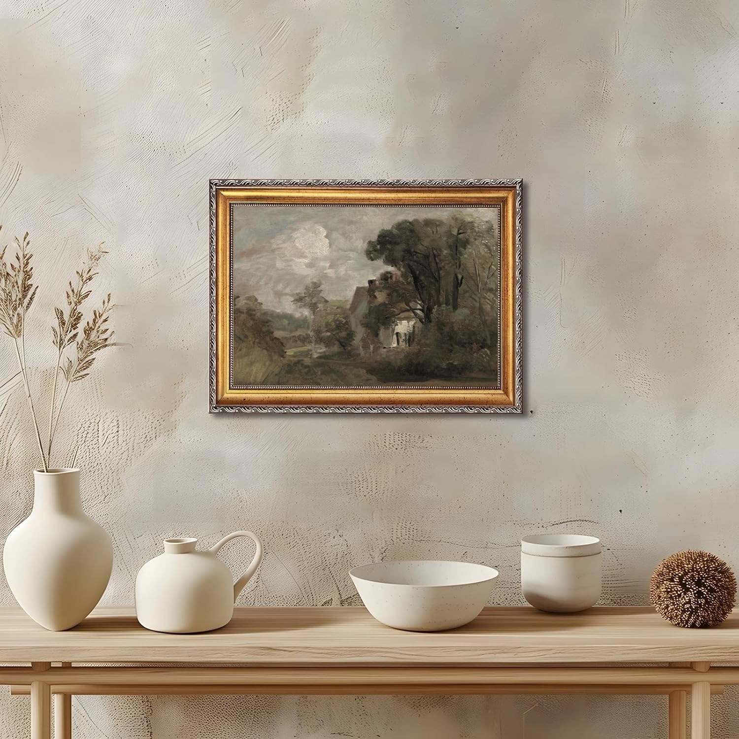 Large Framed Country Manor Canvas Wall Art Vintage Countryside Cottage Landscape Oil Painting Poster Rustic Estate European Country Artwork Print Classic Farmhouse Bedrom Decor 24x36inch