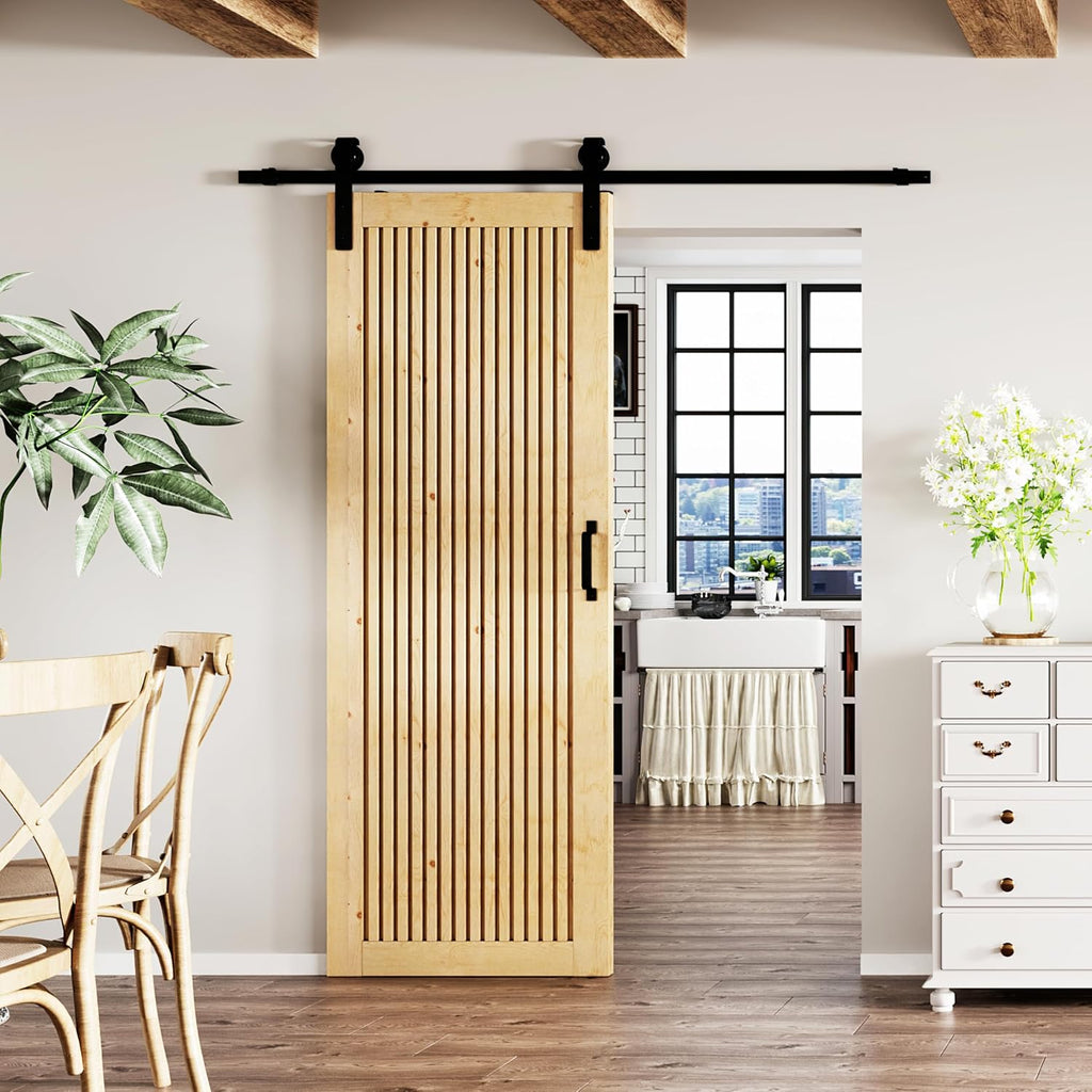 BARNER HOME 30in x 84in Pine Wood Barn Door, 1-lite Decorative Sliding Door with Hardware Kit Included, Pre-Drilled Easy to Assemble, DIY Unfinished Solid Core Single Door, Natural