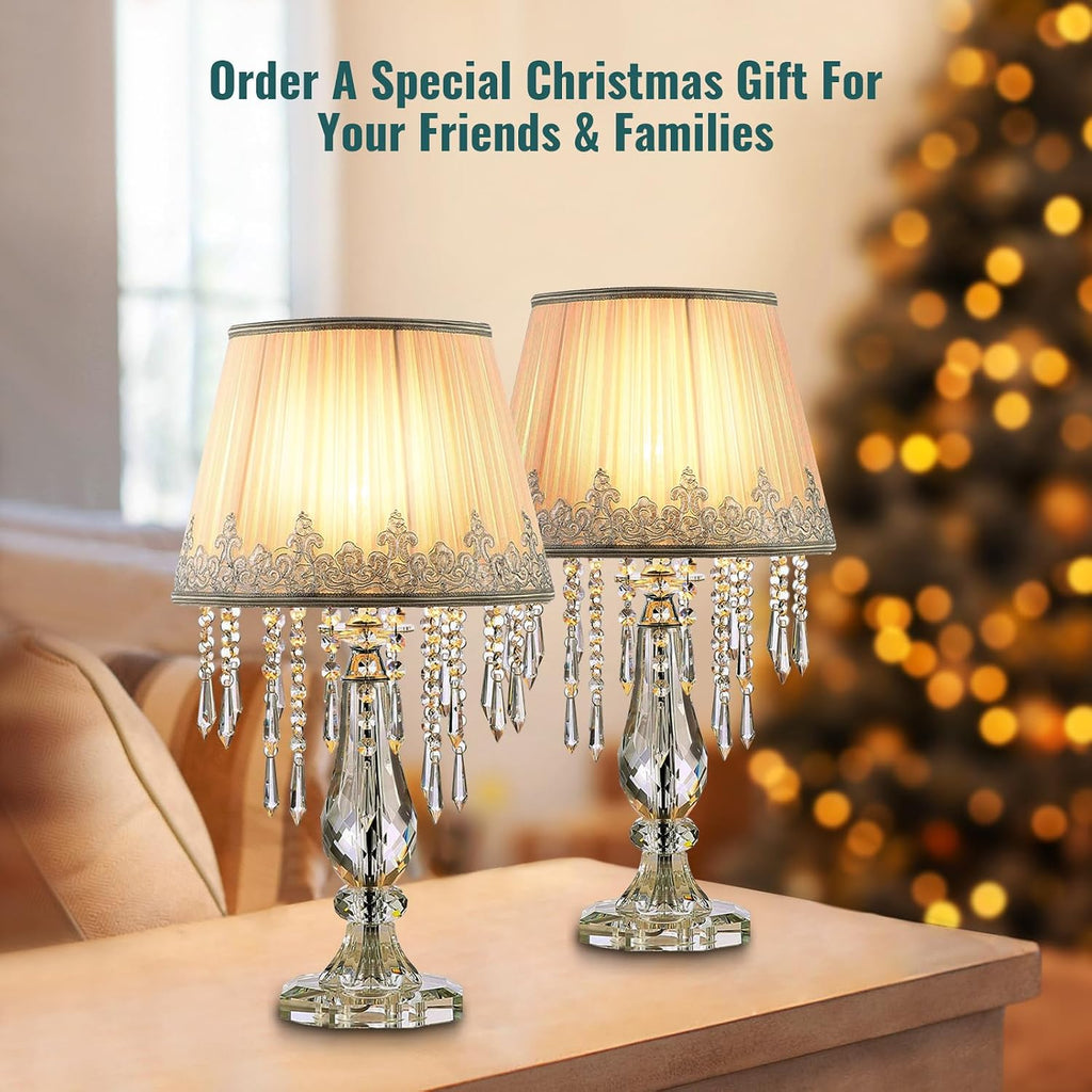 Siljoy Crystal Table Lamp Set of 2, Dimmable Bedside Lamp with Fabric Shades, Farmhouse Nightstand Lamps with K9 Crystal Strands for Living Room Bedroom 22.8 High