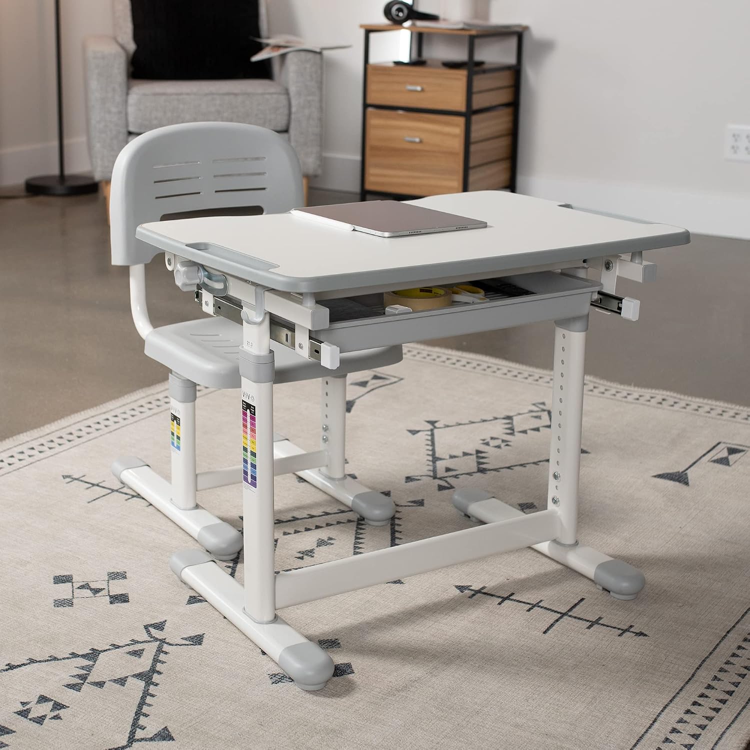 VIVO Gray Height Adjustable Childrens Desk and Chair Set | Kids Interactive Workstation