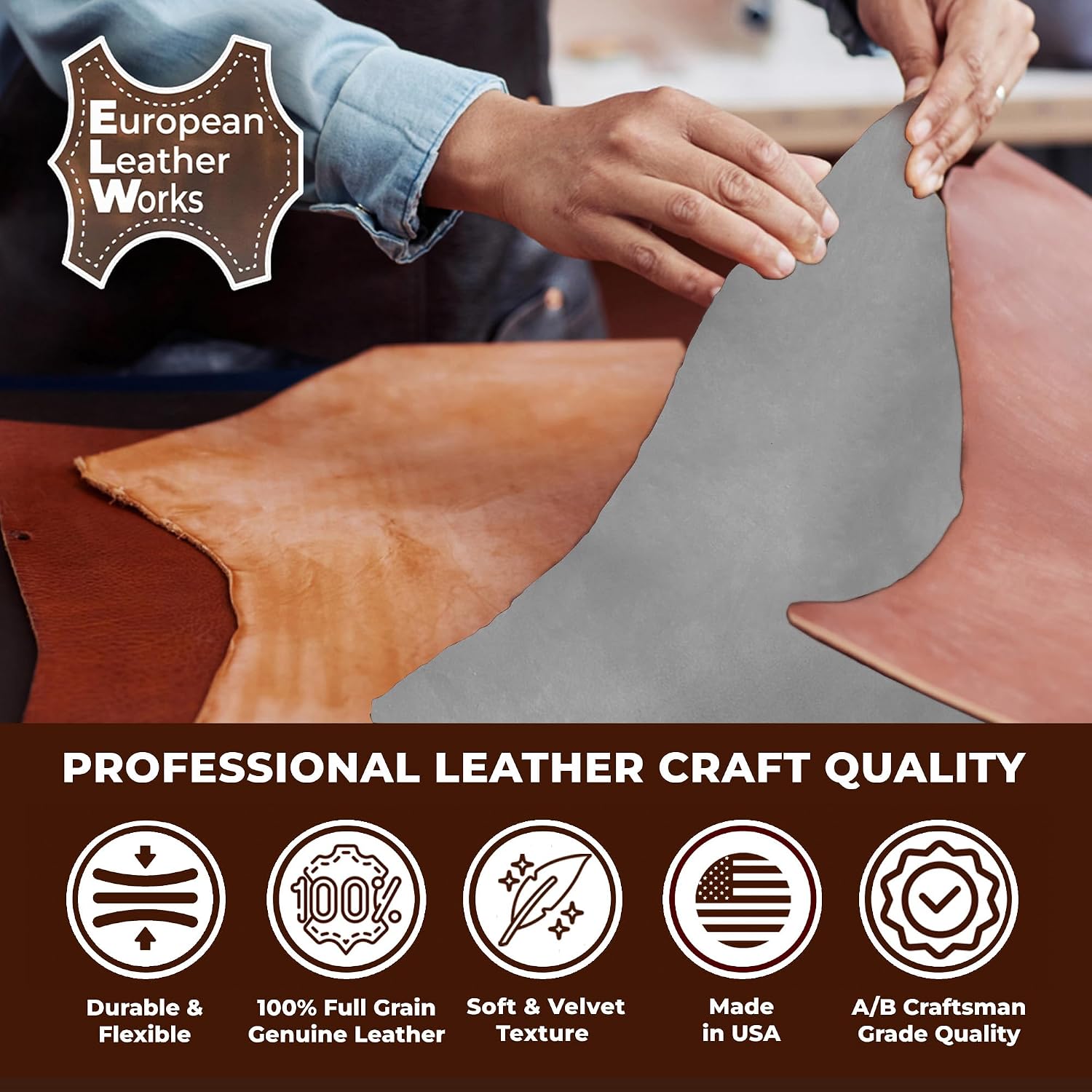 ELW Premium Suede Cowhide 2-4 oz (1-1.6mm) - Soft Full Grain Pre-Cut Side Leather - (2-4 SQ FT 4 PCS,Light Grey) - USA Made Silky Buffed Suede Fabric Leather for Car Upholstery, Garments, Furniture