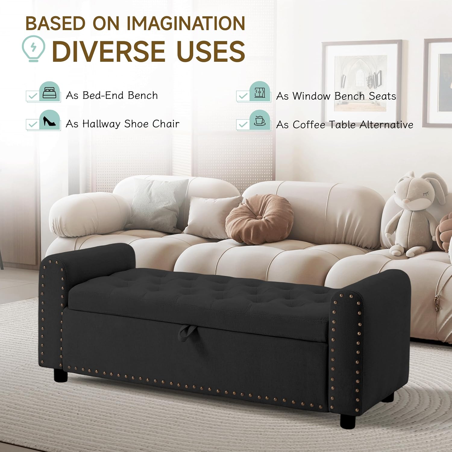 Ottoman with Storage, Tufted Storage Bench for Bedroom, 48' Fabrics End of Bed Bench, Upholstered Entryway Shoe Benches with Rolled Arm & Inner Zipper, Window Ottomans Chest with Rivets, Black