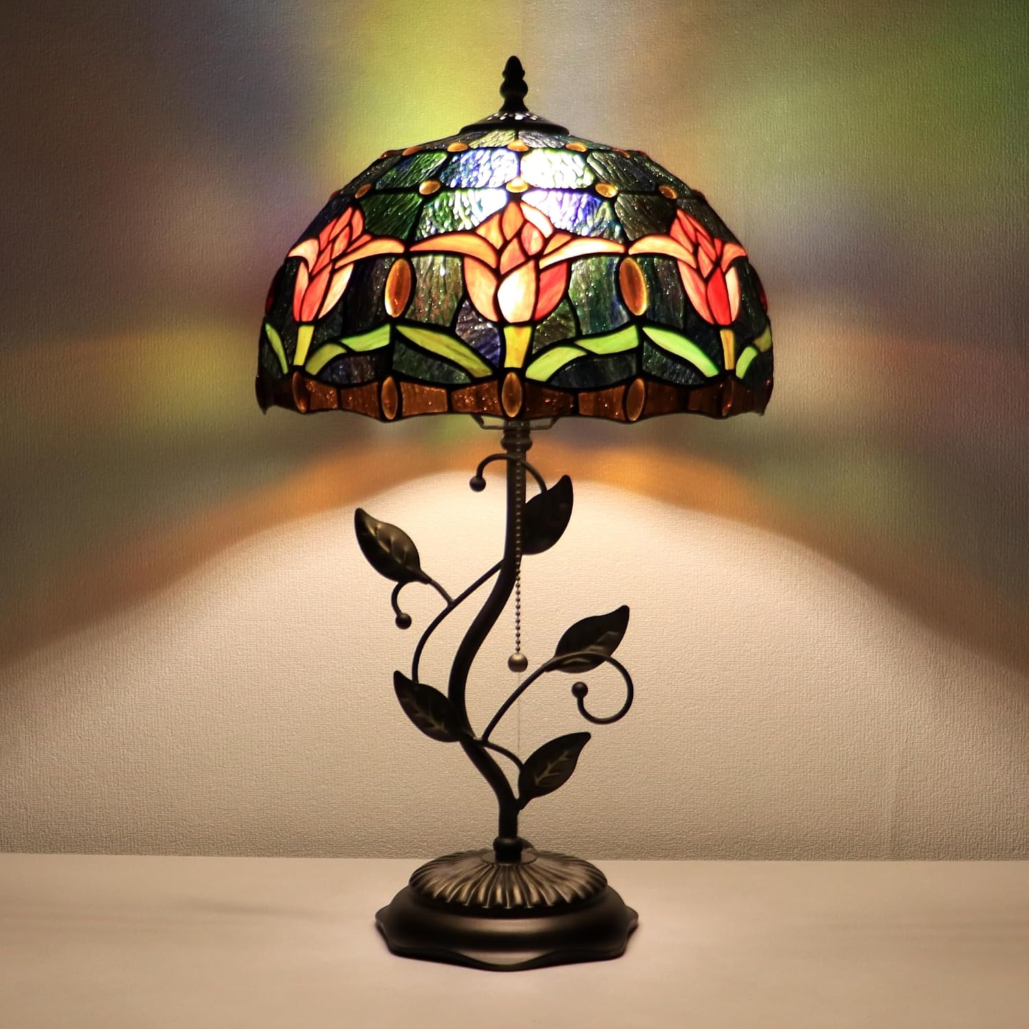 Tiffany Lamp Red Tulip Style Stained Glass Table Lamp Desk Bedside Reading Light 12X12X19 Inches with Metal Leaf Base