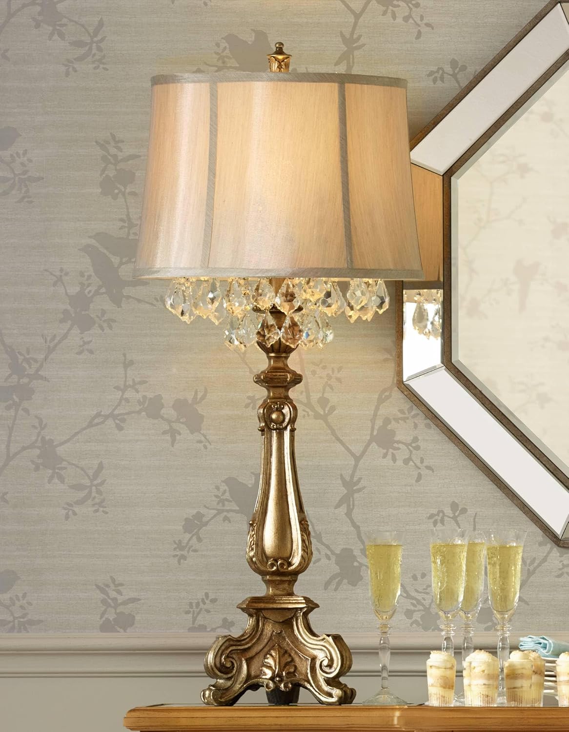 Barnes and Ivy Dubois 37 1/4' Tall Large Traditional Country Cottage Core End Table Lamps Set of 2 Antique Gold Finish Fabric Shade Console Living Room Bedroom Bedside Nightstand House Office Home