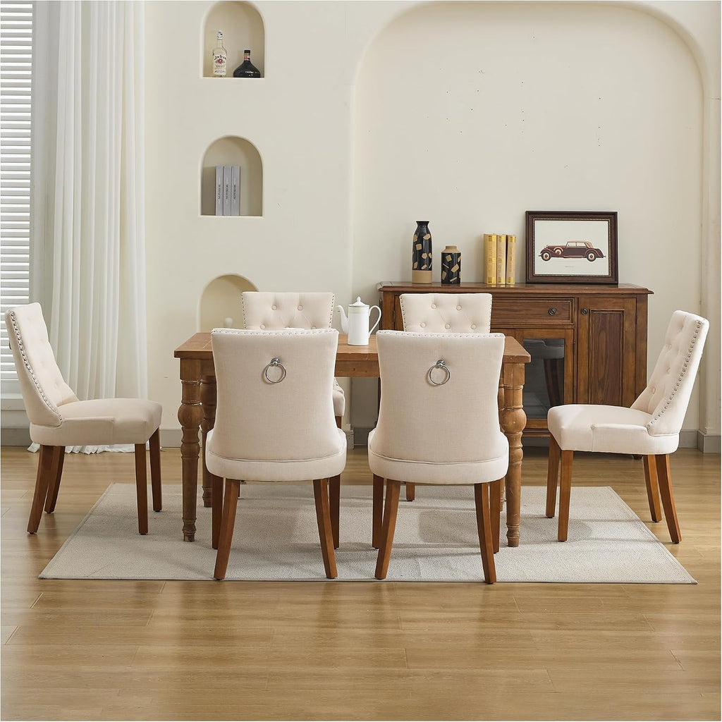 adochr Dining Chairs Set of 6, Modern Mid Century Kitchen Chairs with Wooden Legs & Linen Fabric Back, Dining Room Chairs with Pull Rings & Nailhead Trim, Beige