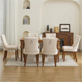 adochr Dining Chairs Set of 6, Modern Mid Century Kitchen Chairs with Wooden Legs & Linen Fabric Back, Dining Room Chairs with Pull Rings & Nailhead Trim, Beige
