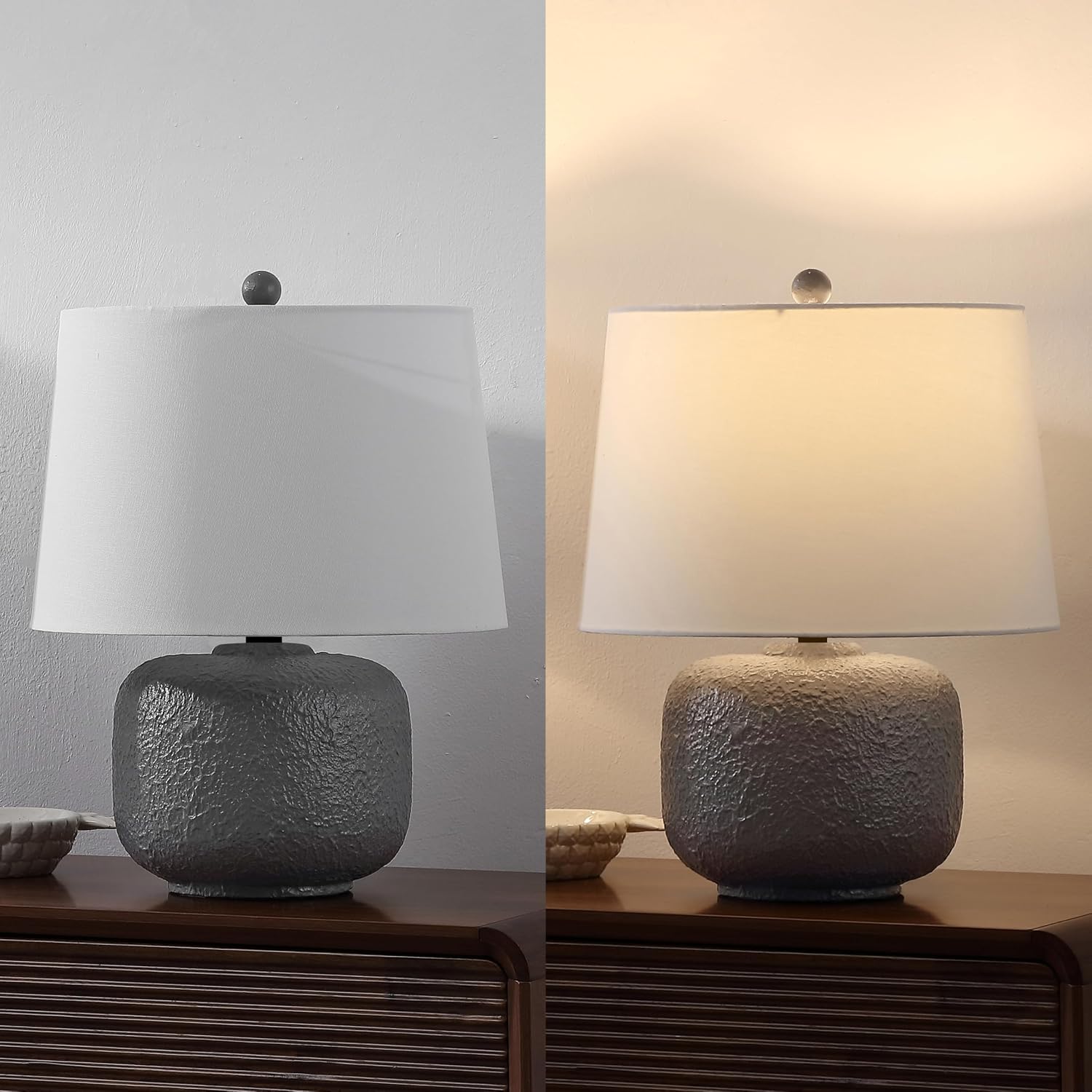 JONATHAN Y 20' Gray Textured Resin Table Lamp Set of 2 for Bedroom, Coastal Farmhouse Nightstand Lamps for Living Room, White Linen Shade, LED Bulbs Included (JYL9208B-SET2)