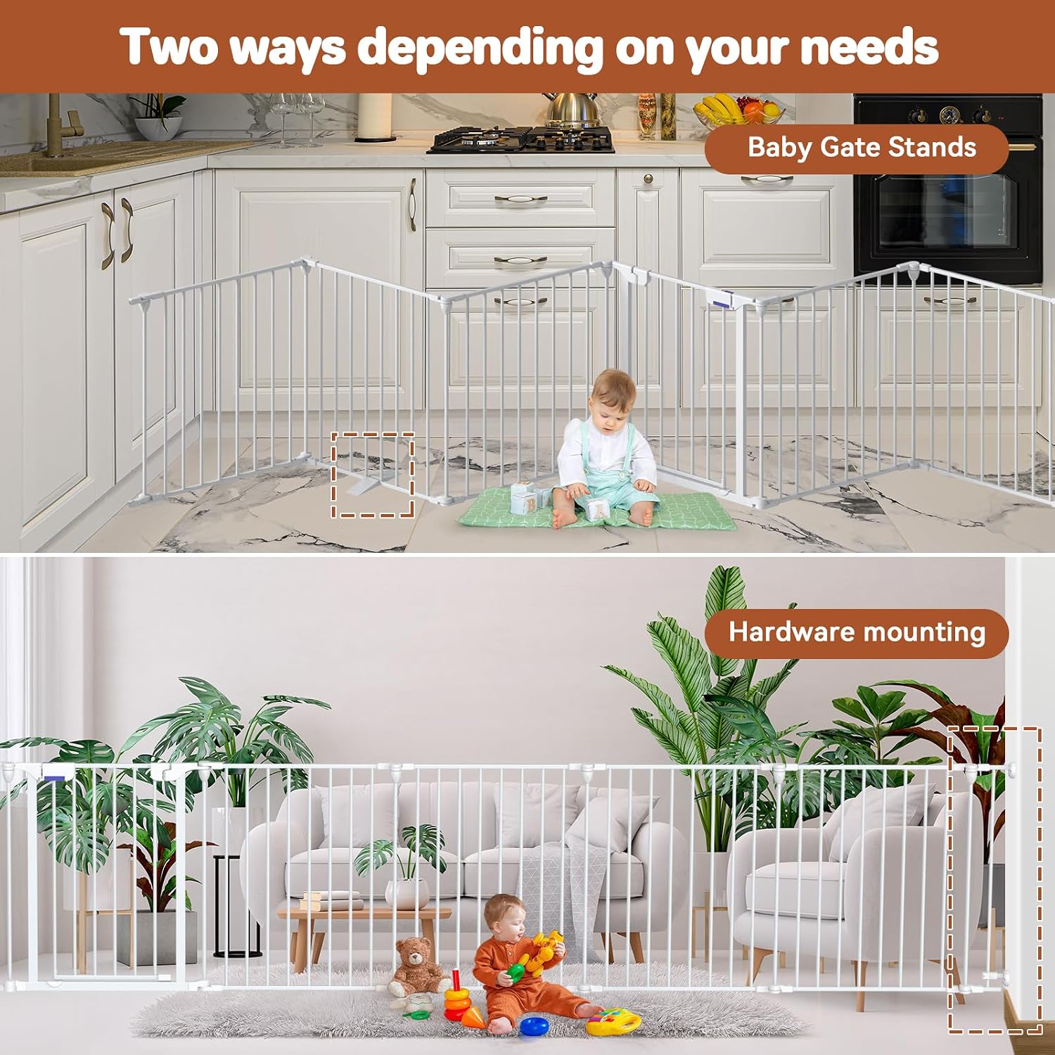 Baby Gate 27.5'-199' Extra-Wide Playpen with Stands Child Safety Fence | Play Yard, Dog Gate with Auto-Close Door, Double Locking System for Fireplace, Foldable 8 Panels, White 29' Height
