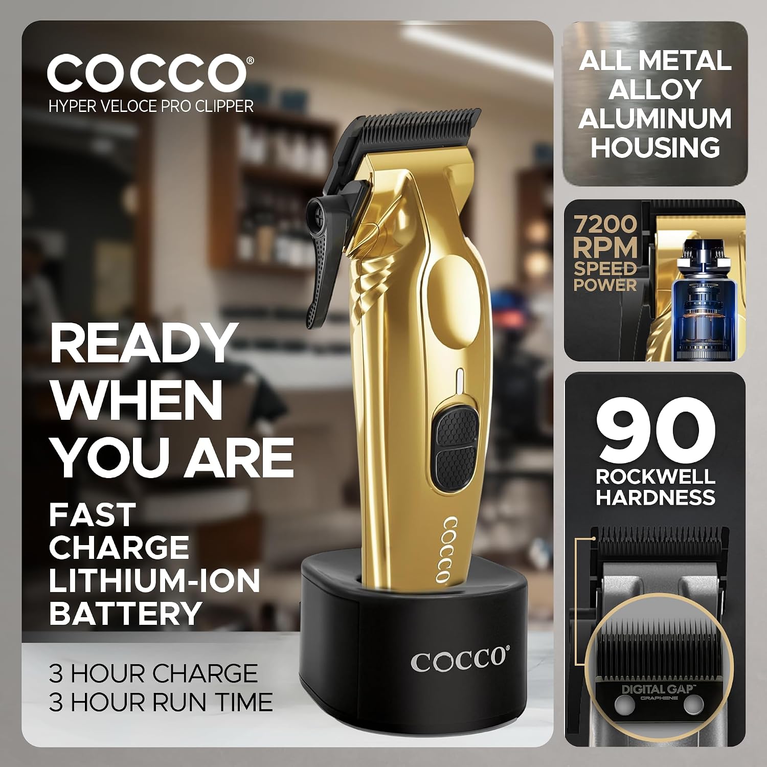 Cocco Veloce Pro Clipper, Digital Gap Ambassador Graphene Taper Blade Professional Hair Clippers, High-Torque BLDC Motor, All-Metal, Cordless, Charging Base Included