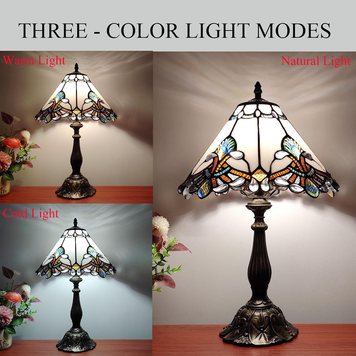Tiffany Lamp White Baroque Style Stained Glass Lamp 12X12X19 inch Vintage Bedroom Table lamp 3-Way Tiffany Style Reading Desk Light for Home Living Room Office Include Light Bulb