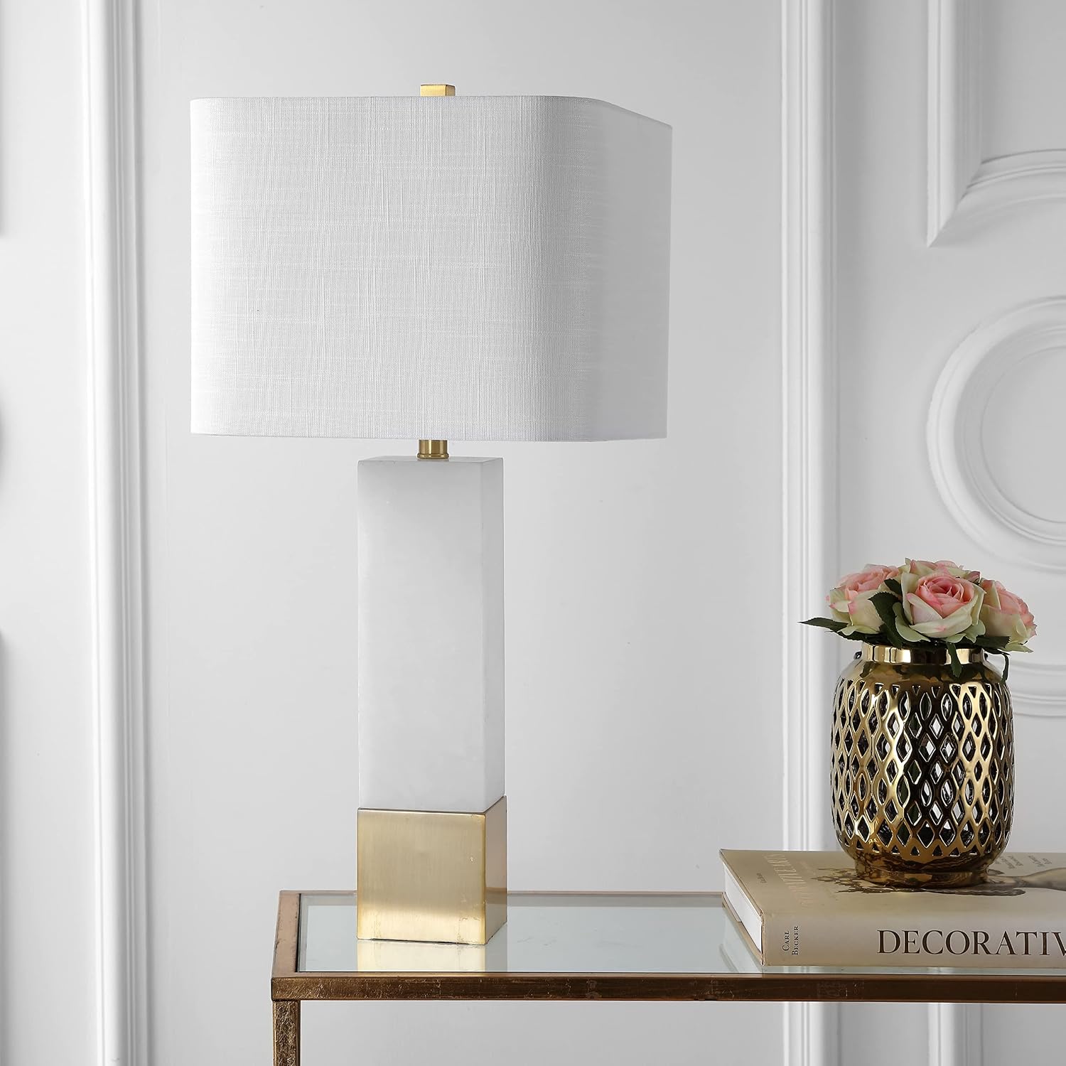 JONATHAN Y 29' Brass Gold/White Metal and Marble Table Lamp, Contemporary Transitional Bedside Lamp for Living Room, Bedroom, White Linen Rectangle Shade, LED Bulb Included JYL5009A