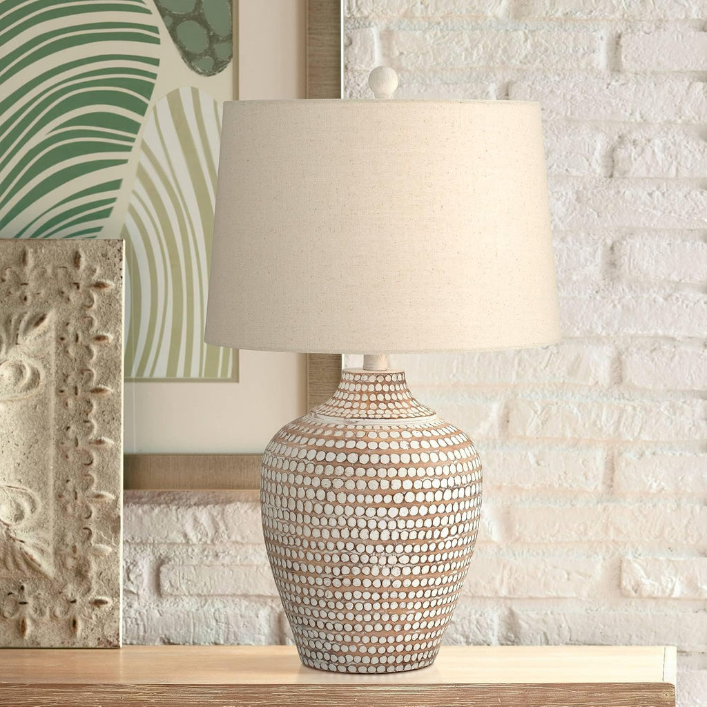 Regency Hill Alese 23 1/2' High Textured Dot Jug Small Farmhouse Rustic Coastal Accent Table Lamps Set of 2 Beige Light Earth Finish Single Oatmeal Shade Living Room Bedroom Bedside Nightstand House