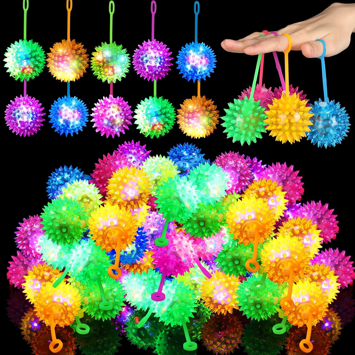 Sotiff 300 Pcs Light up Ball Spiky LED Bouncy Ball Flashing Squeaky Multicolor Puffer Toy Rubber Sensory Toy Carnival Prizes Bulk Party Favors for Teens, Adults, Children