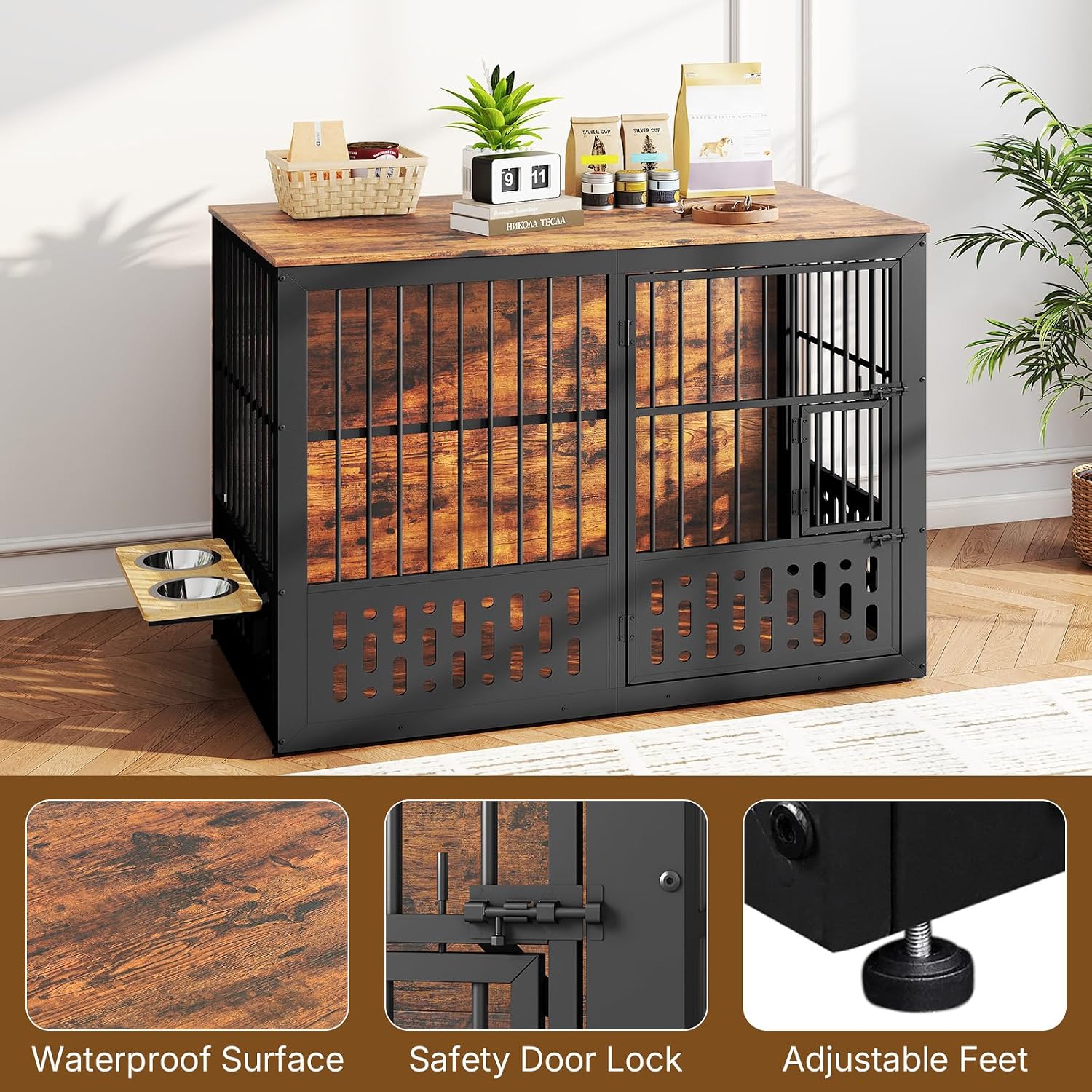 Rovibek 48 Inch Dog Crate Furniture, Wooden Dog Cage Furniture with Window and Adjustable Dogs Bowls 360° Rotatable, Heavy Duty XL Kennel Indoor as End Table, Brown