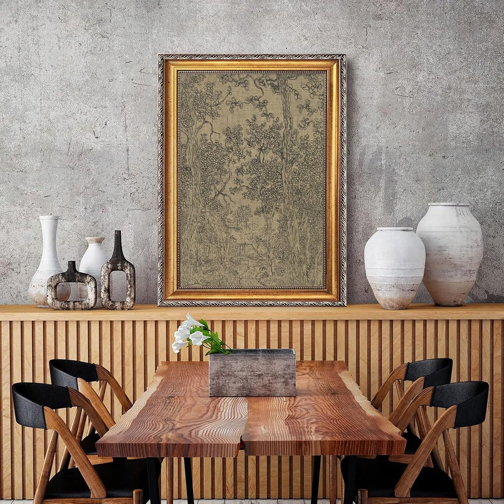 Retro Gold Framed Landscape Sketch Canvas Wall Art Vintage Classic Mystical Forest Moody Woodland Painting Poster Antique Dark Drawing French Country Farmhouse Print Artwork Home Decor 24x36inch