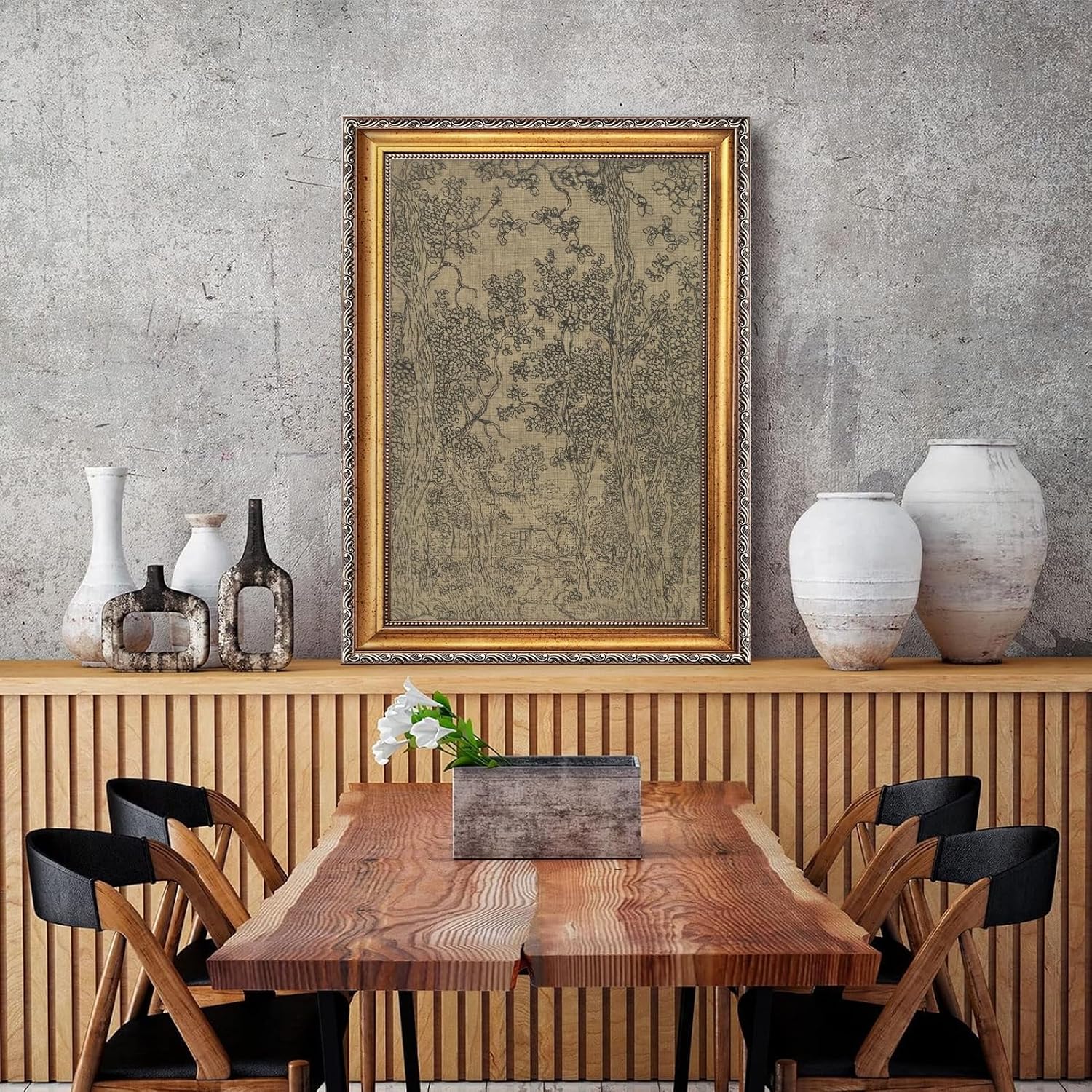 Retro Gold Framed Landscape Sketch Canvas Wall Art Vintage Classic Mystical Forest Moody Woodland Painting Poster Antique Dark Drawing French Country Farmhouse Print Artwork Home Decor 24x36inch