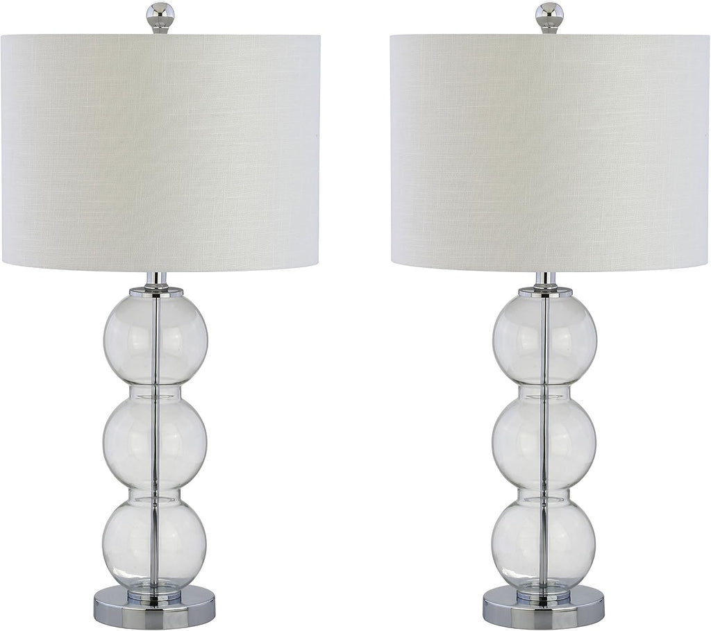 JONATHAN Y 27' Clear/Chrome Triple-Sphere Glass Table Lamp Set of 2, Bedside, White Linen Shade, Modern Table Lamps for Living Room, Bedroom, Office, LED Bulbs Included (JYL1070D-SET2)