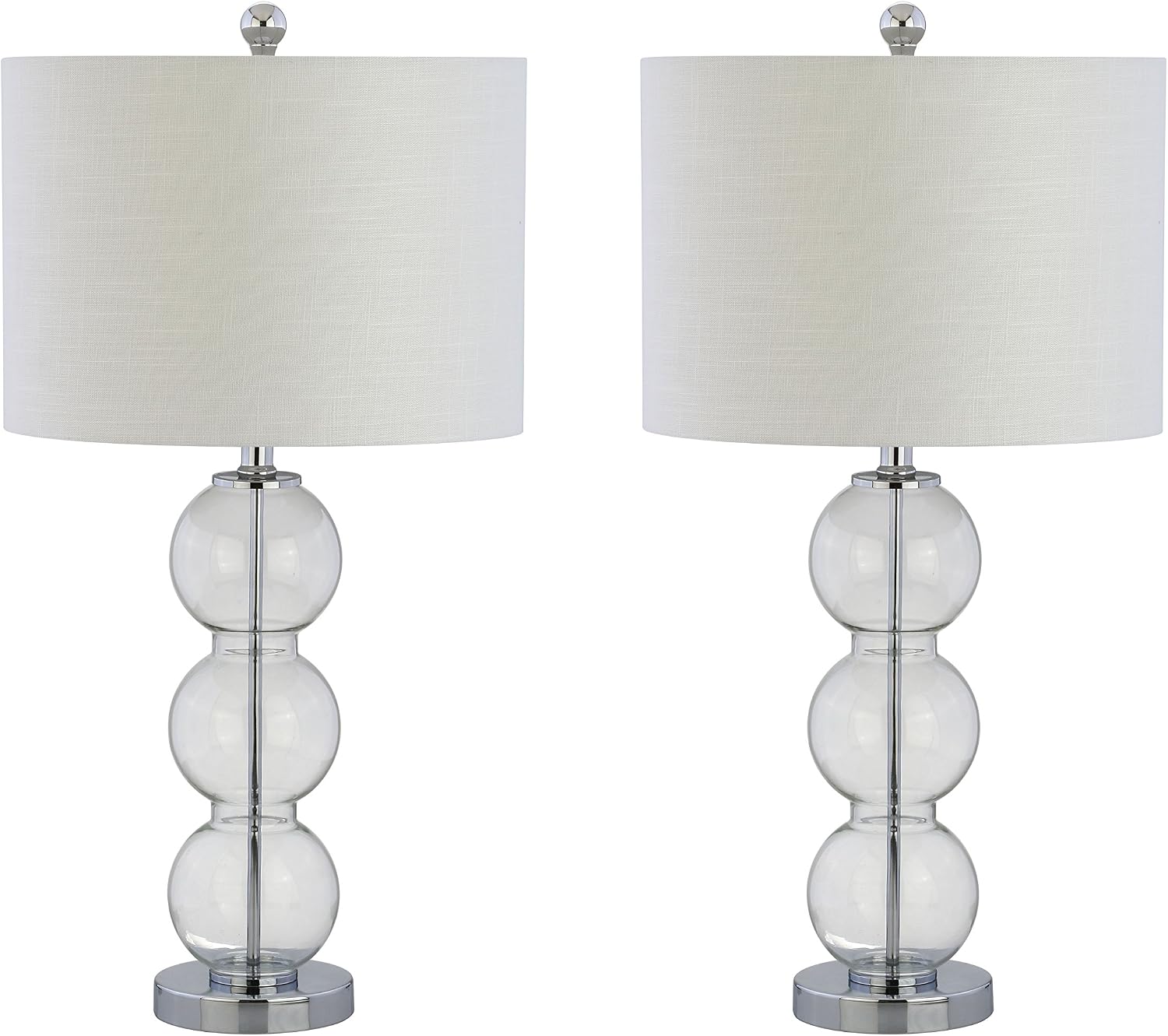 JONATHAN Y 27' Clear/Chrome Triple-Sphere Glass Table Lamp Set of 2, Bedside, White Linen Shade, Modern Table Lamps for Living Room, Bedroom, Office, LED Bulbs Included (JYL1070D-SET2)