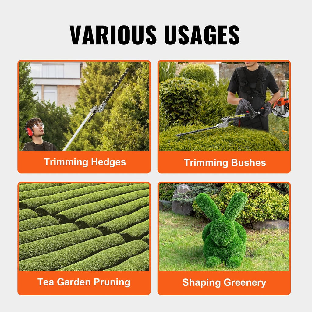 VEVOR Gas Hedge Trimmer 2 Cycle with Extension Pole, 15.7-inch 26cc Gas Powered Pole Hedge Trimmer with Dual Sided Dual Action Blade, Great for Trimming Shrubs, Bushes, w/EPA, CE and EMC Certification