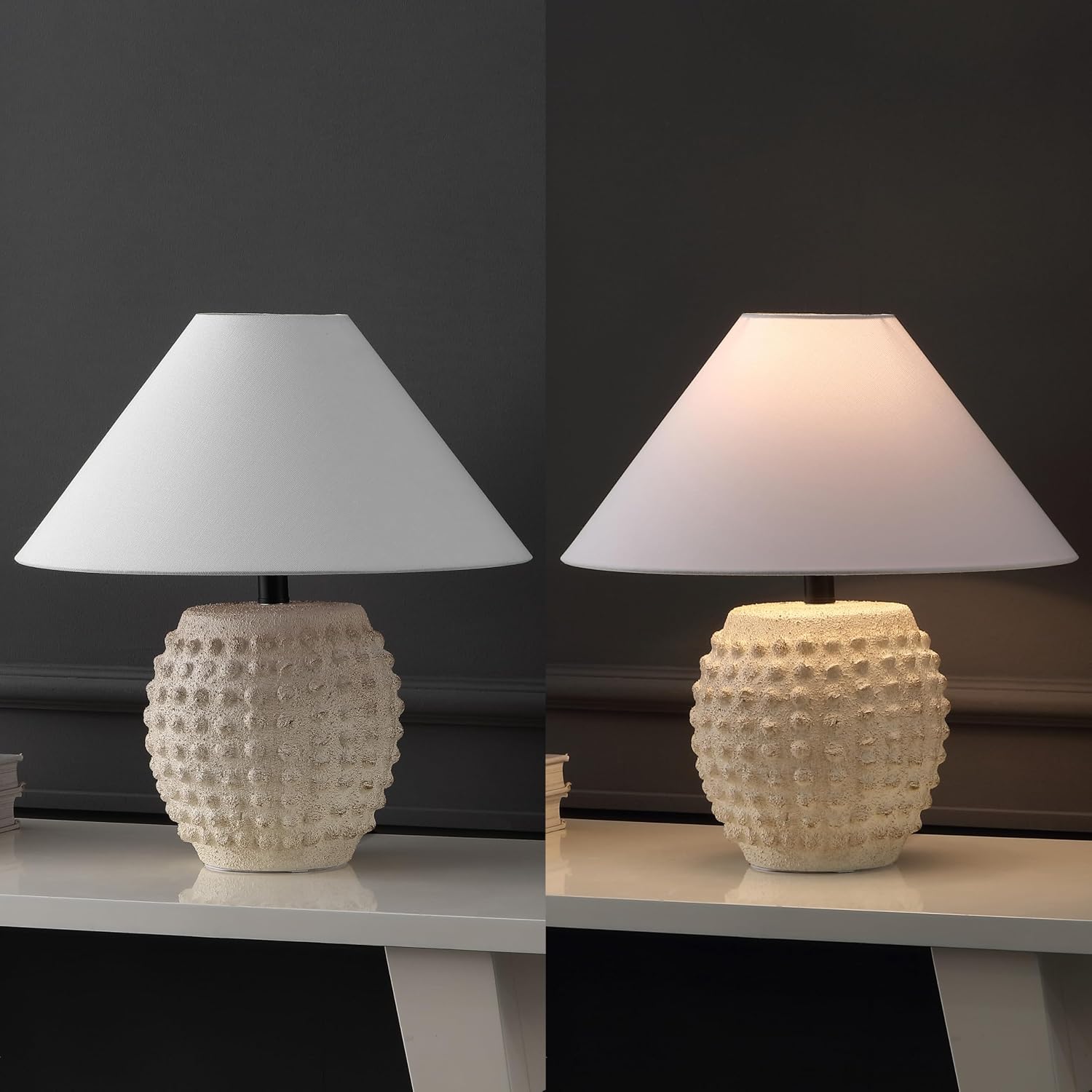 JONATHAN Y 18.25' Matte Cream Ceramic Hobnail Table Lamp Set of 2 for Bedroom, Modern Minimalist Farmhouse Bedside Nightstand Lamps, White Linen Shade, LED Bulbs Included (JYL5601B-SET2)