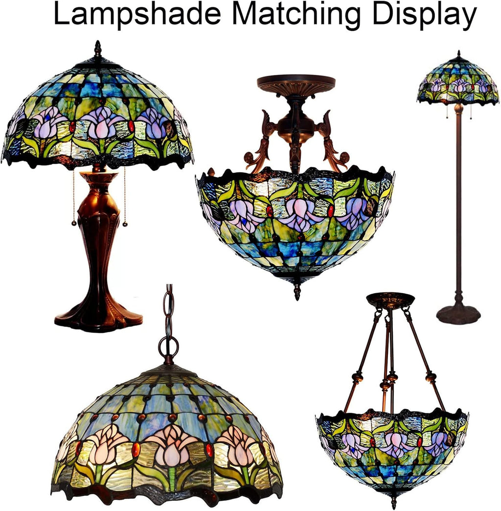 Tiffany Style Tulip Lamp Shade Replacement 16 Inch Wide Victorian Style Stained Glass Blue Pink Lampshade for Table Desk Floor Ceiling Pendant Light Accent Lamp