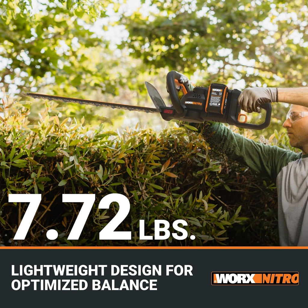 WORX Nitro 24' Cordless Hedge Trimmer, Electric Hedge Trimmer with Dual-Action Blades & 3400 SPM, Brushless Bush Trimmer with 180° Rotating Handle, 2 Batteries & Charger Included, WG286