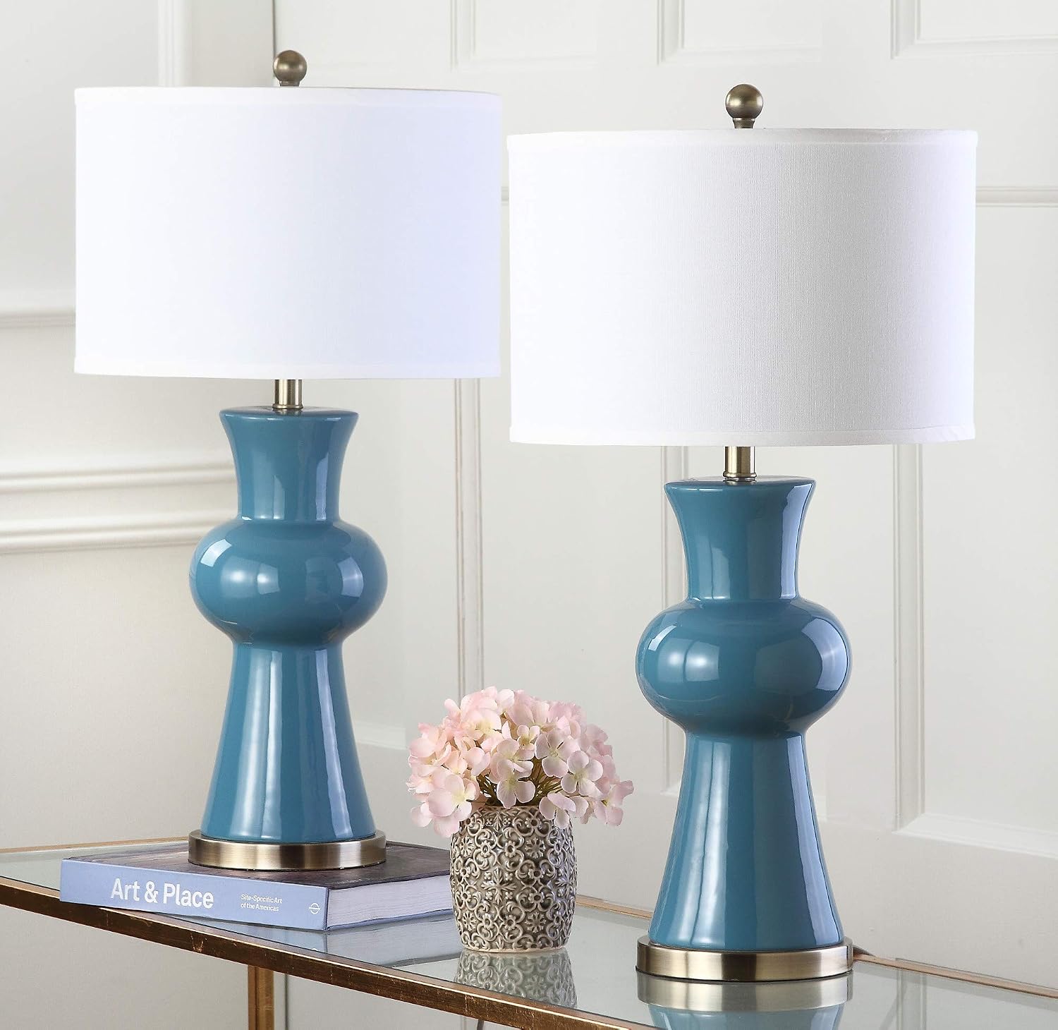 Safavieh Lighting Collection Lola Column Blue and White Table Lamp, Set of 2