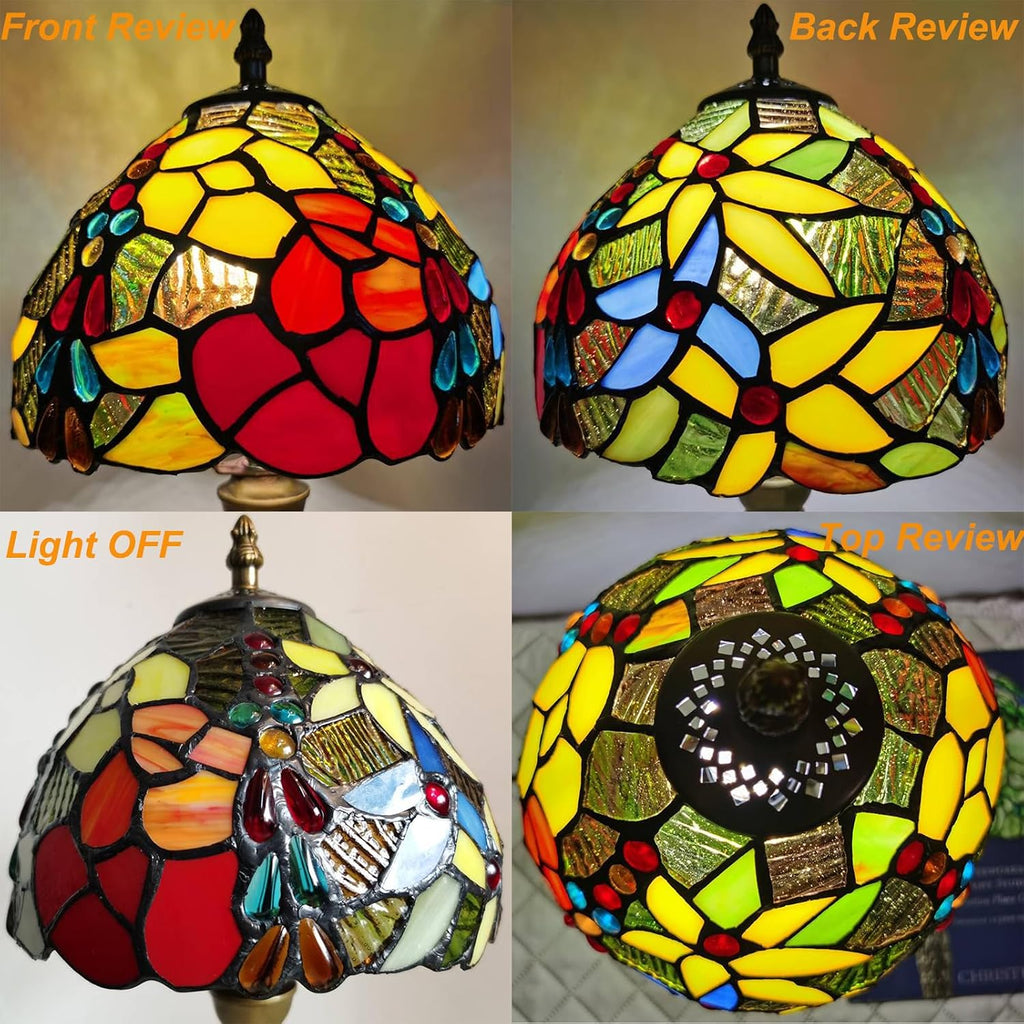 Tiffany Small Table Lamp for Bedroom Set of 2,Bedside Nightstand Lamp Rose Flower Grape Stained Glass Table Lamps for Living Room,3 Color Temperature Home Office Desk Lamp+LED Bulb