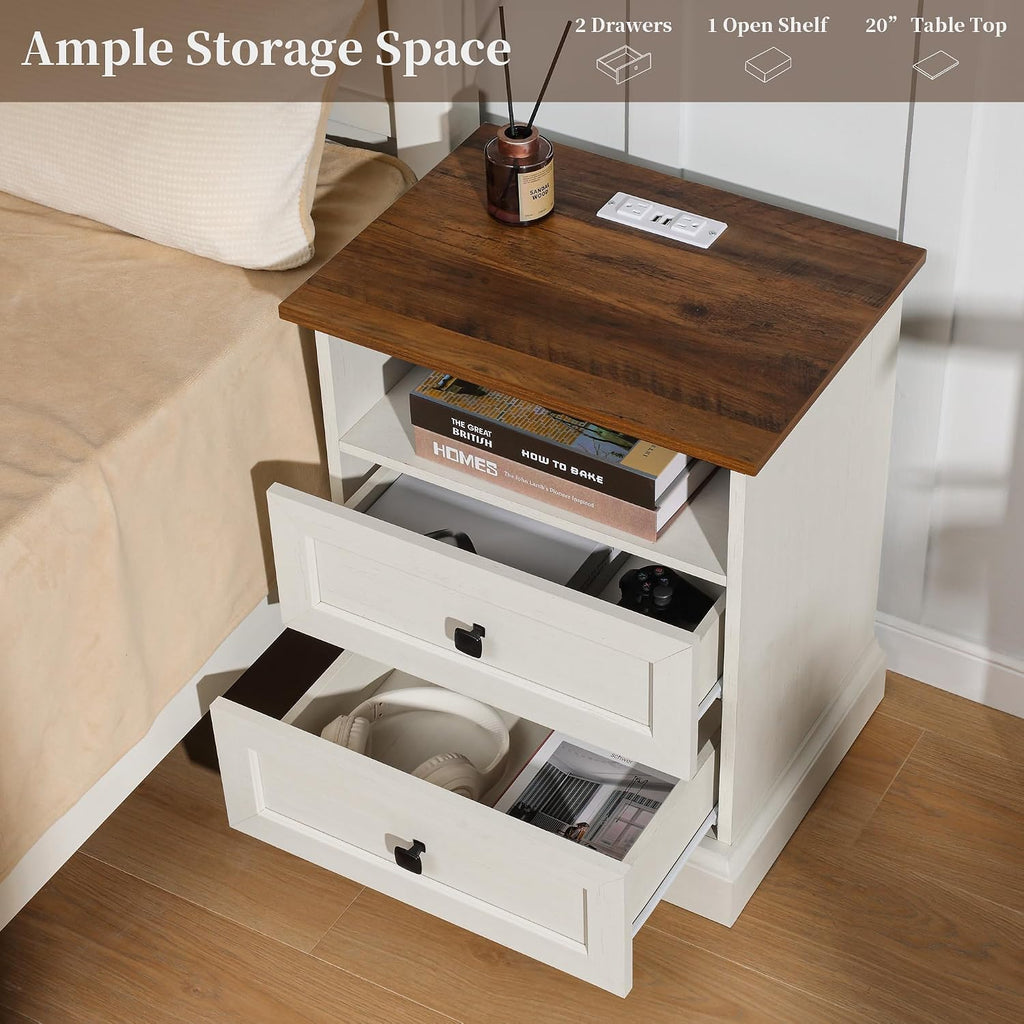 Night Stand with Charging Station, Bedside Table with 2 Drawers Storage and Open Shelf, 20' Wider Farmhouse White Nightstand with Outlets, Wood Modern End Table for Bedroom Office