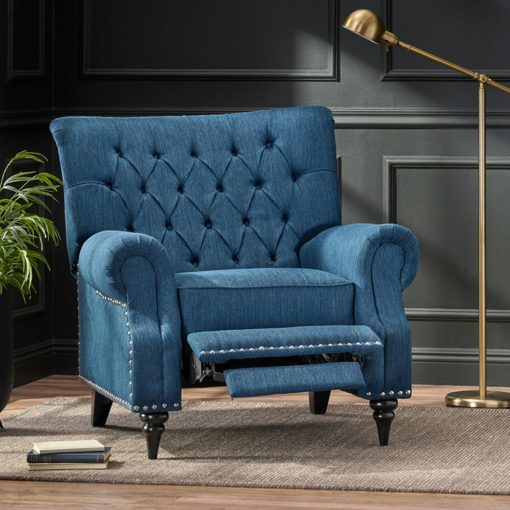 Classic Style Manual Push Back Chair with Exquisite Rivet Decor and Rolled Armrests, Ideal for Living Room Relaxation and Daily Seating (Navy Blue + Fabric)