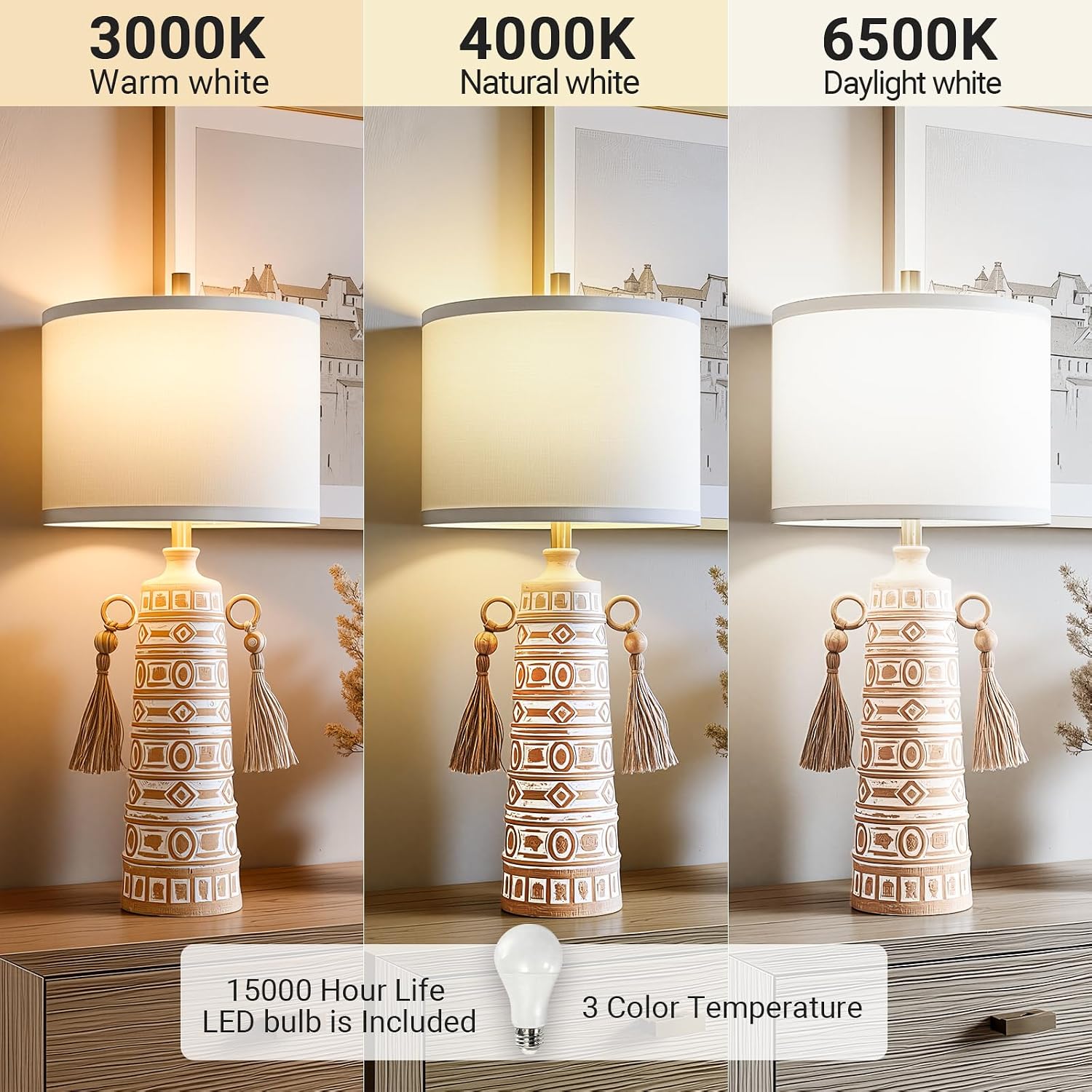 30'H Tall Boho Table Lamp Set of 2 for Bedroom Living Room, Handmade Tassels Antique Bedside Lamp, Adjustable with Memory Function Bulb, Linen Shade, Rotary Switch Resin Lamp for Nightstand Decor