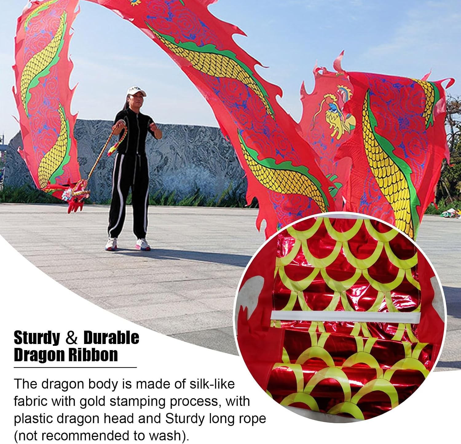 Kunovo Dragon Poi White Dance Dragon Flinging Ribbon, Traditional Fitness Spinning Drago Ribbons with Dragon Head, Dragon Poi Set for Juggling/Event Celebration (Size : 6 m (20 ft)), 58741