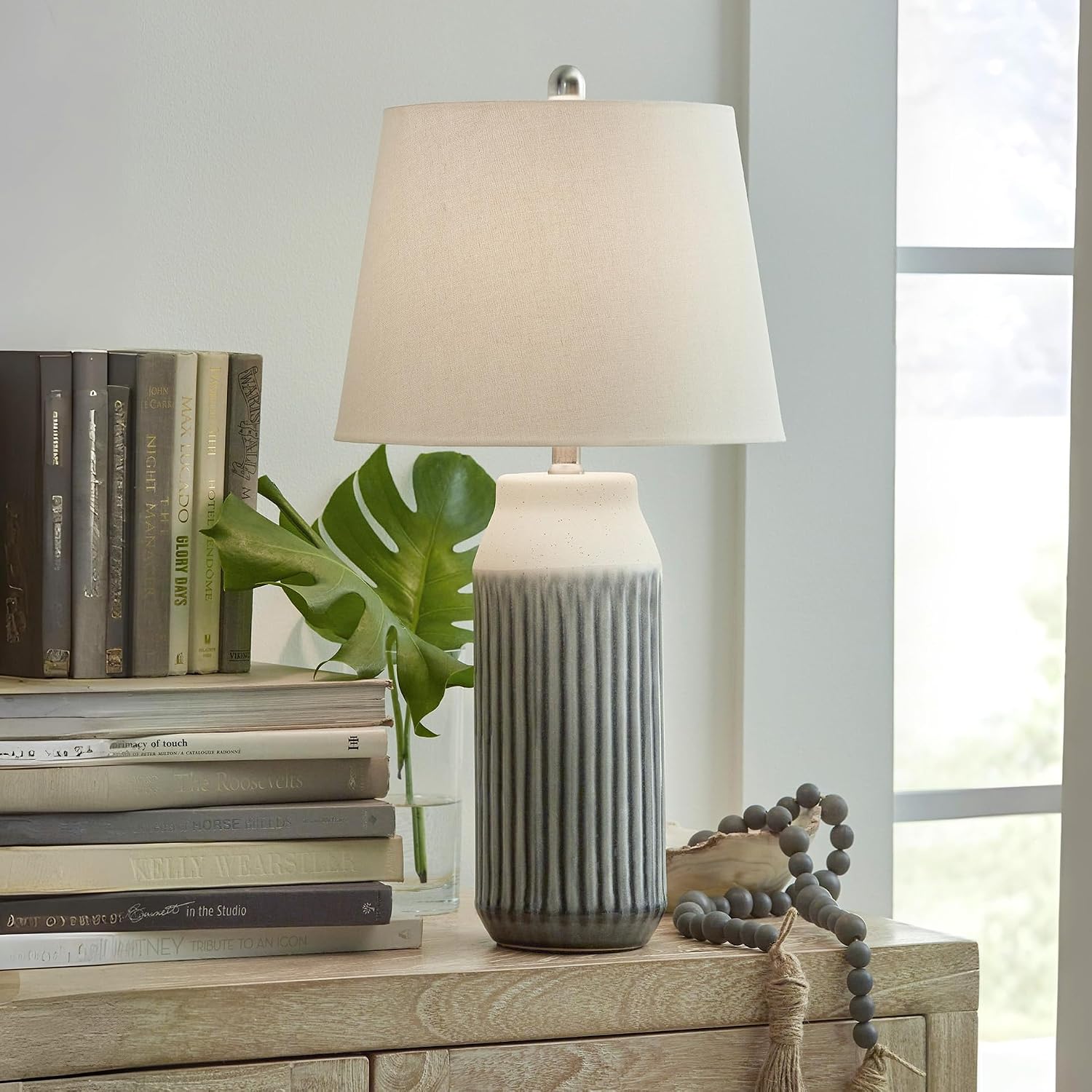 Signature Design by Ashley Afener Contemporary 26' Ceramic Table Lamp, Set of 2, Blue & Beige