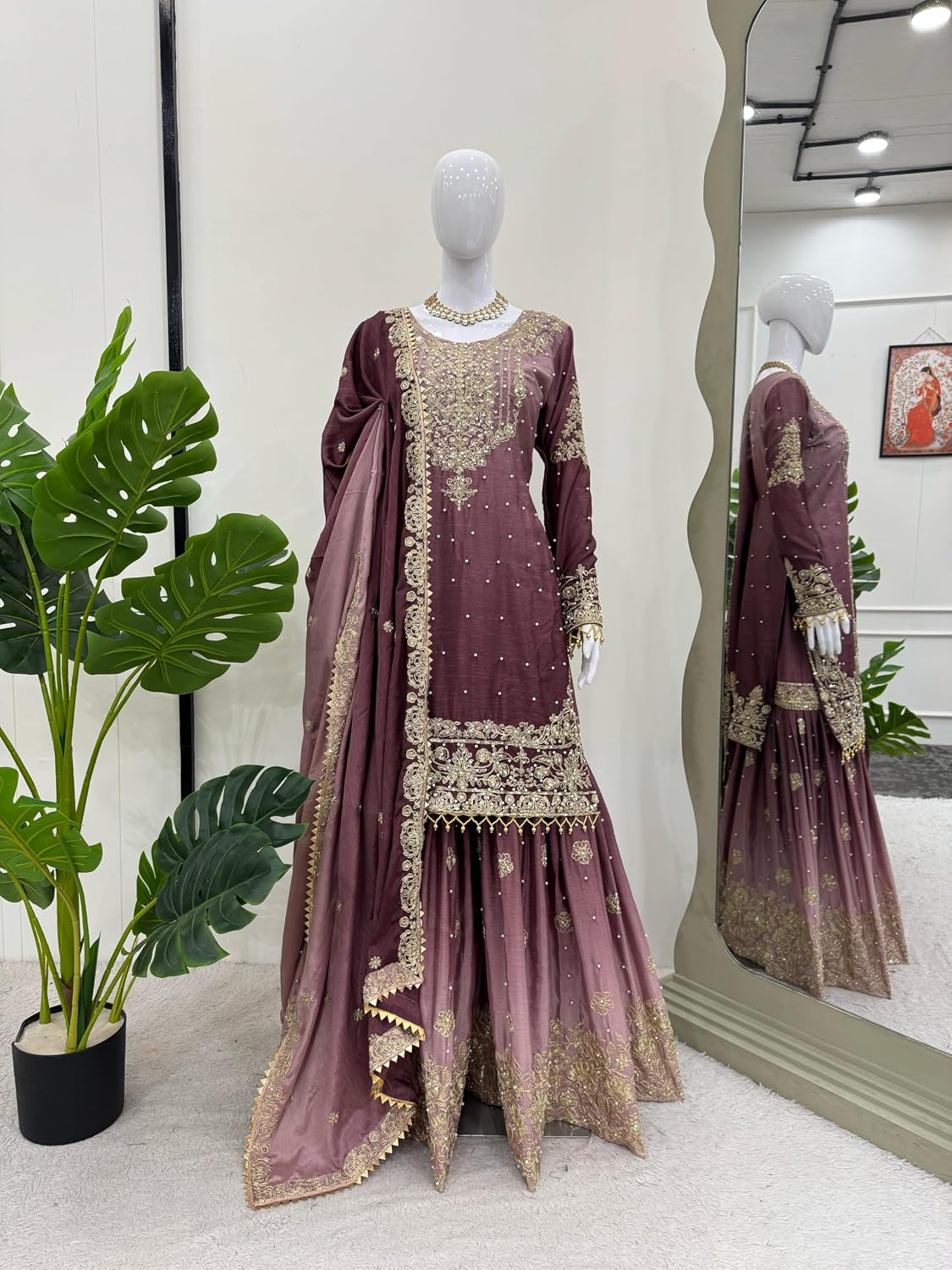 Indian Women's Chinon Silk Fabric Codeing Dori Sequnce Rivet Moti Work Suit 12236