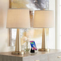 360 Lighting Karla 25' Tall Set of 2 Modern Table Lamps with USB Ports A+C Charging Brass Gold Metal Beige Fabric Drum Shade for Bedroom Living Room House Desk Bedside Nightstand Office Family