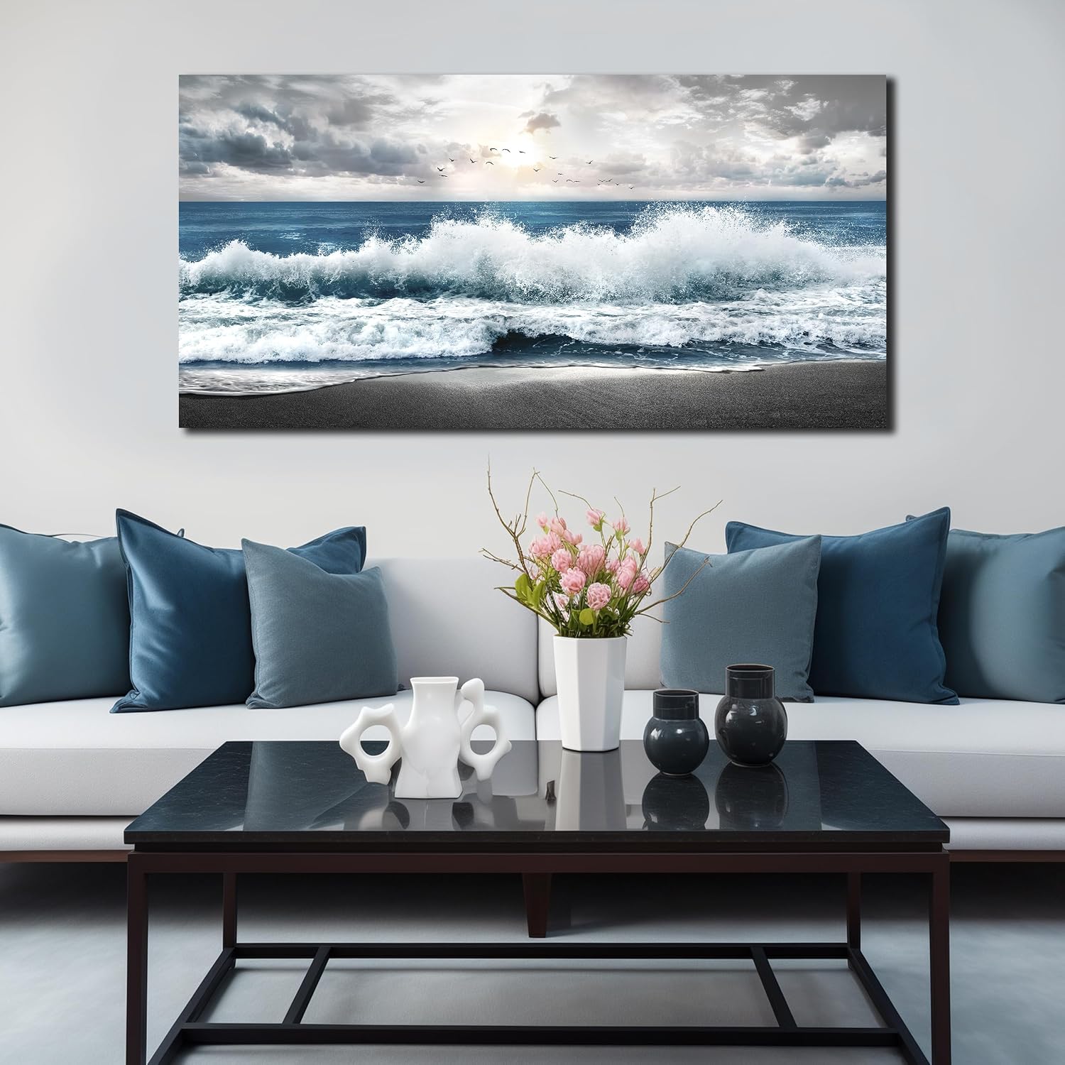 MDHKVPM Blue Beach Wall Decor For Bedroom Ocean Canvas Wall Art For Living Room Large Size,Office Corridor Apartment Wall Paintings Ready to Hang 29 x 58 Inch