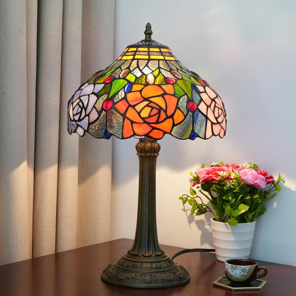 Tiffany Style Stained Glass Lamp Red Orange Purple Pink Rose Table Lamp Bedroom Bedside Reading Desk Light for Living Office Retro Unique Cute Accent Decor 12' Village Gift Nightstand Lamps