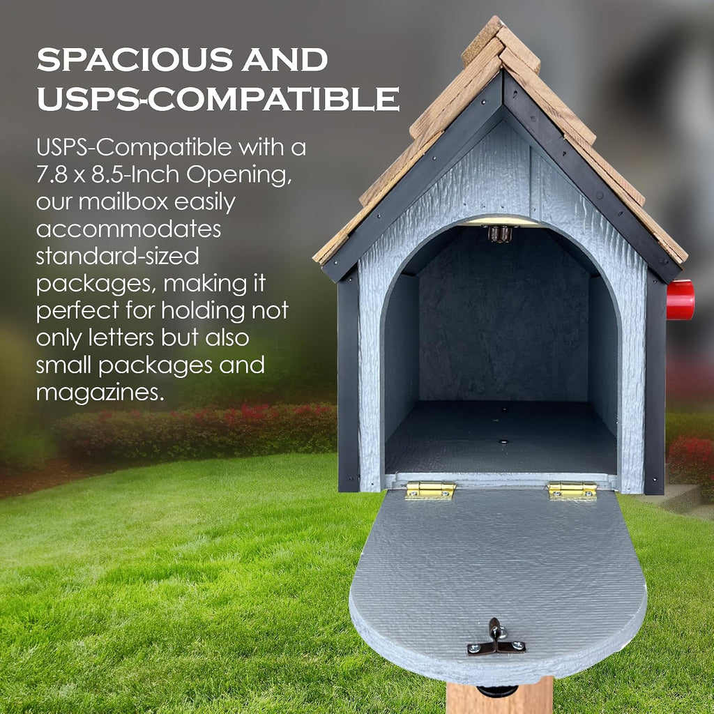Peaceful Classics Amish Cedar Roof Wooden Mailbox with Window & Door Trim, Handcrafted Mailboxes for Outside, Post Mount Residential Mailboxes - (Gray with Black Trim)