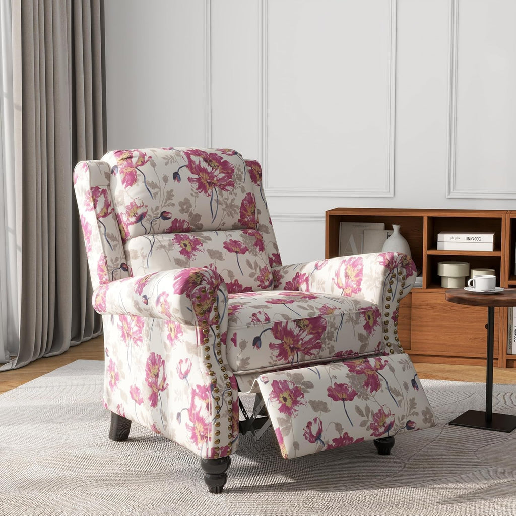 Floral Pushback Recliner Chairs Set of 2, Fabric Overstuffed Armchair Push Back Accent Chair for Living Room, Rivet Trim Club Chair Home Theater Single Sofa Bedroom Reading Seat