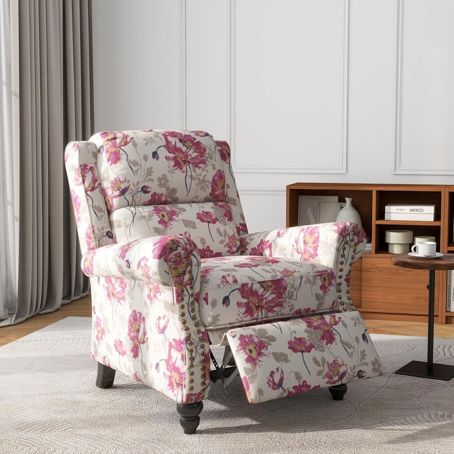 Floral Pushback Recliner Chairs Set of 2, Fabric Overstuffed Armchair Push Back Accent Chair for Living Room, Rivet Trim Club Chair Home Theater Single Sofa Bedroom Reading Seat
