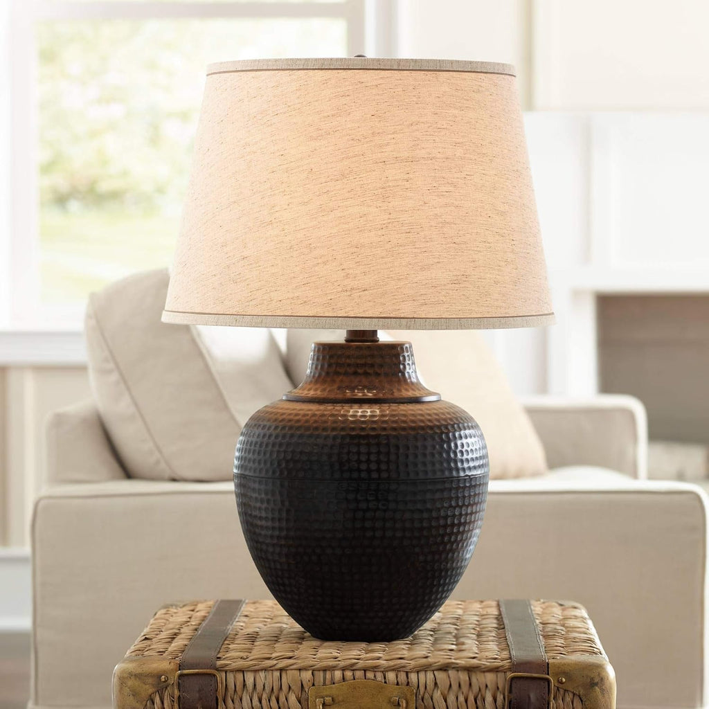 Barnes and Ivy Brighton Southwest Rustic Farmhouse Table Lamp 27.25' Tall Hammered Warm Bronze Metal Pot Beige Fabric Drum Shade for Living Room Bedroom House Bedside Nightstand Home Office