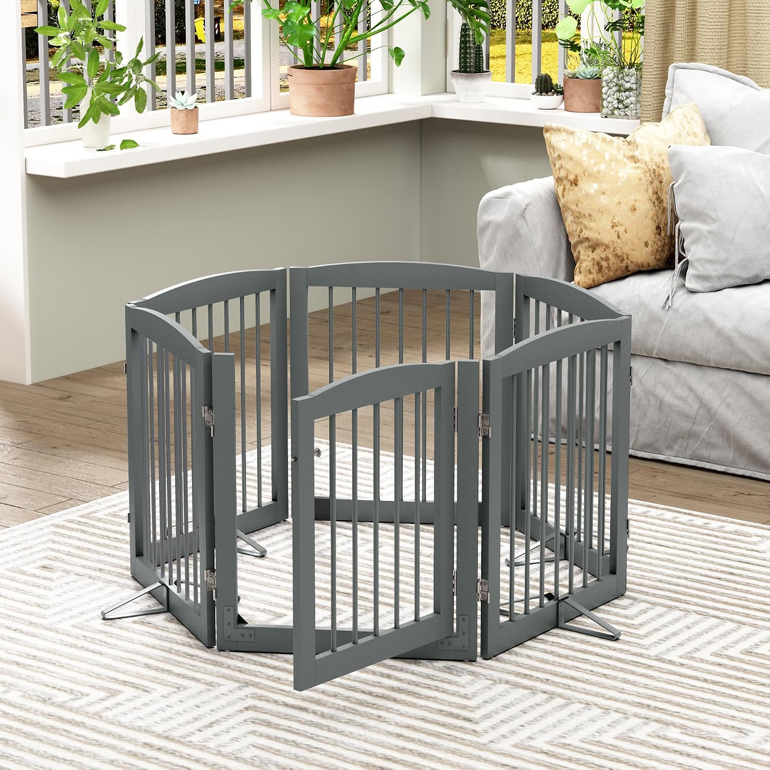 PUPETPO Freestanding Pet Gates with Walk Through Door, Dog Indoor Fence, Dog Gate for The House, Doorway, Stairs, Extra Wide Pet Gate, Support Feet Included, 120 Inch Wide, 6 Panels 24' Tall, Gray