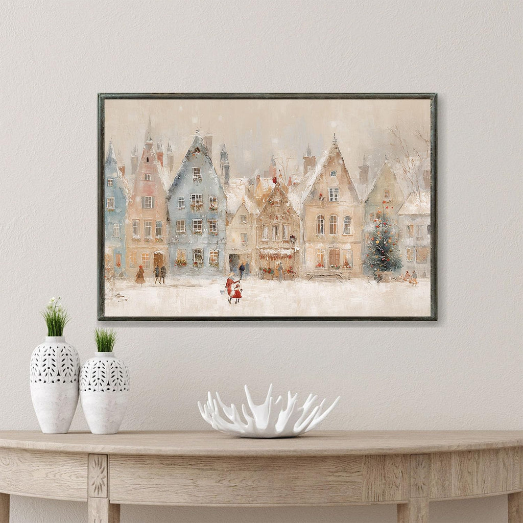 CHAPIAOXIANG Winter village wall art print, European Christmas town oil painting, Christmas illustration, snowy holiday street scene, rural scenery, nursery wall decor 20x30in Metal blackFramed