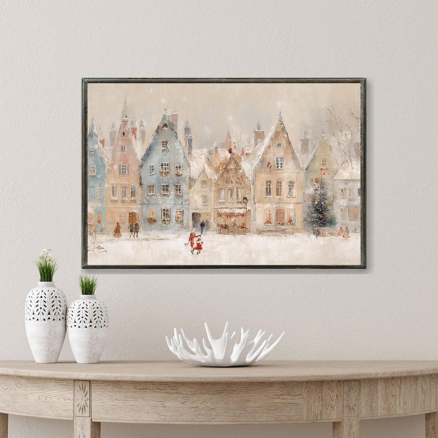 CHAPIAOXIANG Winter village wall art print, European Christmas town oil painting, Christmas illustration, snowy holiday street scene, rural scenery, nursery wall decor 20x30in Metal blackFramed