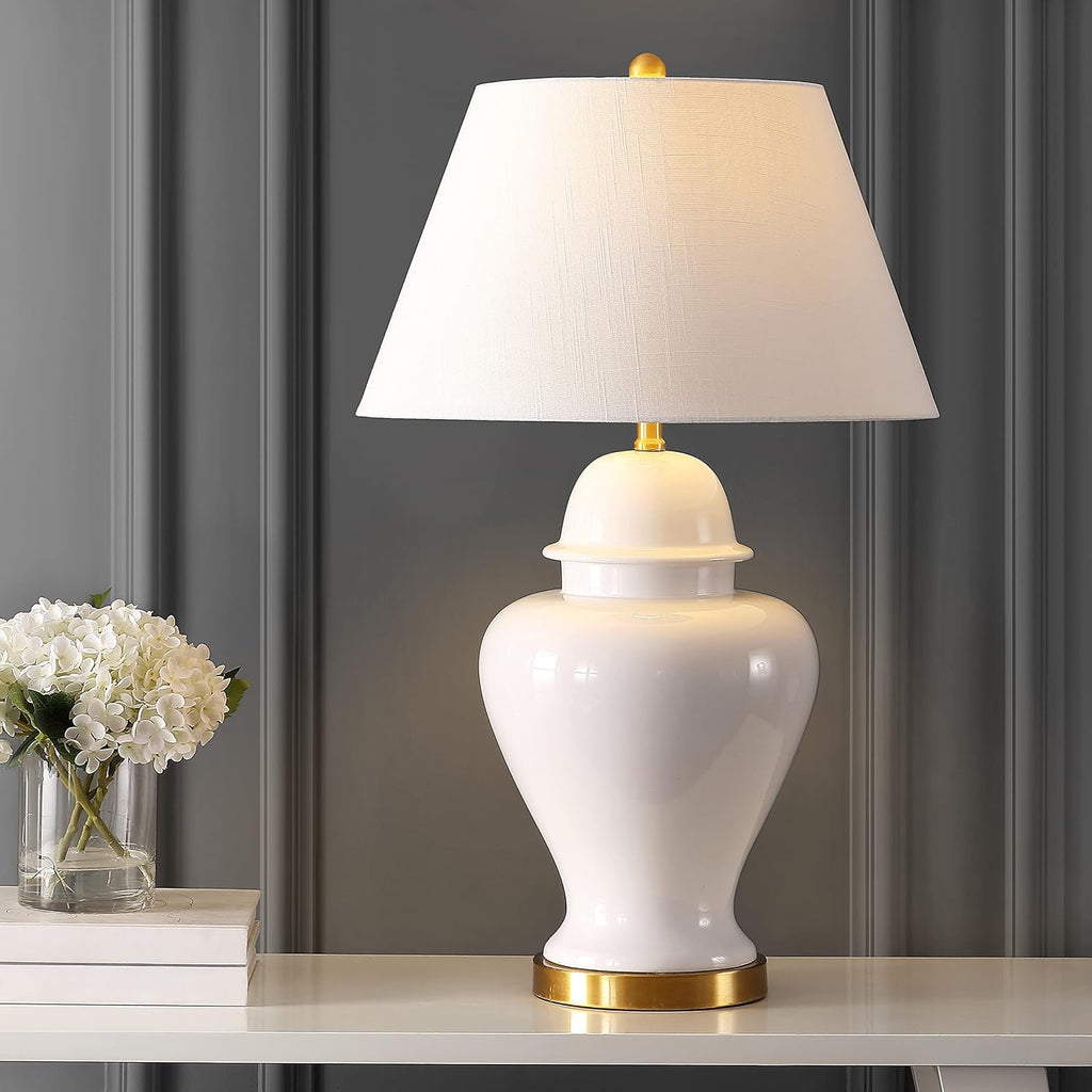 JONATHAN Y 33' White Modern Ceramic Ginger Jar Table Lamp for Living Room, Traditional Bedside Lamp for Bedroom Entryway, White Linen Shade, LED Bulb Included (JYL6619A)