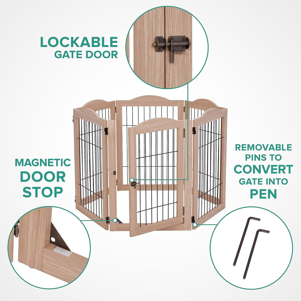 Arf Pets Freestanding Dog Gate with Door, 6 Panel 360° configurable Wooden Wire Fence, 132' Wide, 31.5' Tall, Foldable, Five Support Feet Included, for The House - Indoor Use