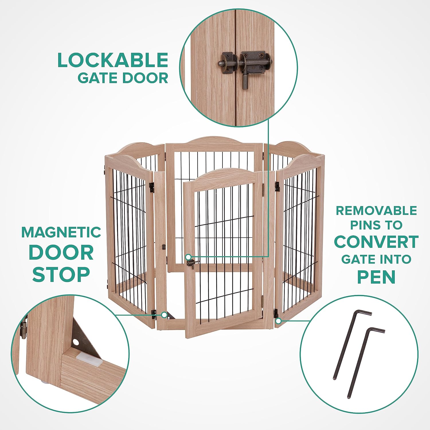 Arf Pets Freestanding Dog Gate with Door, 6 Panel 360° configurable Wooden Wire Fence, 132' Wide, 31.5' Tall, Foldable, Five Support Feet Included, for The House - Indoor Use