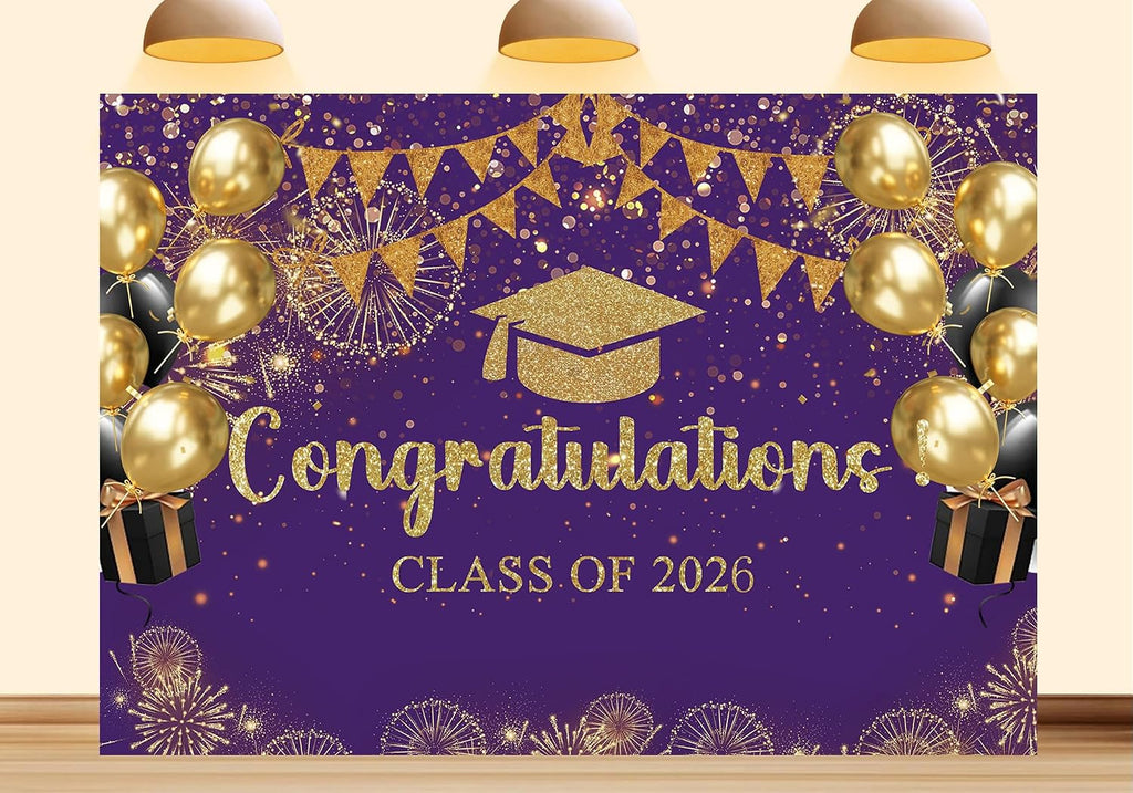 20X10ft Fabric Class of 2026 Graduation Backdrop, Purple and Gold Congratulations Party Background, Grad Prom Celebration Balloons and Streamers Decorations Banner Photo Booth Props